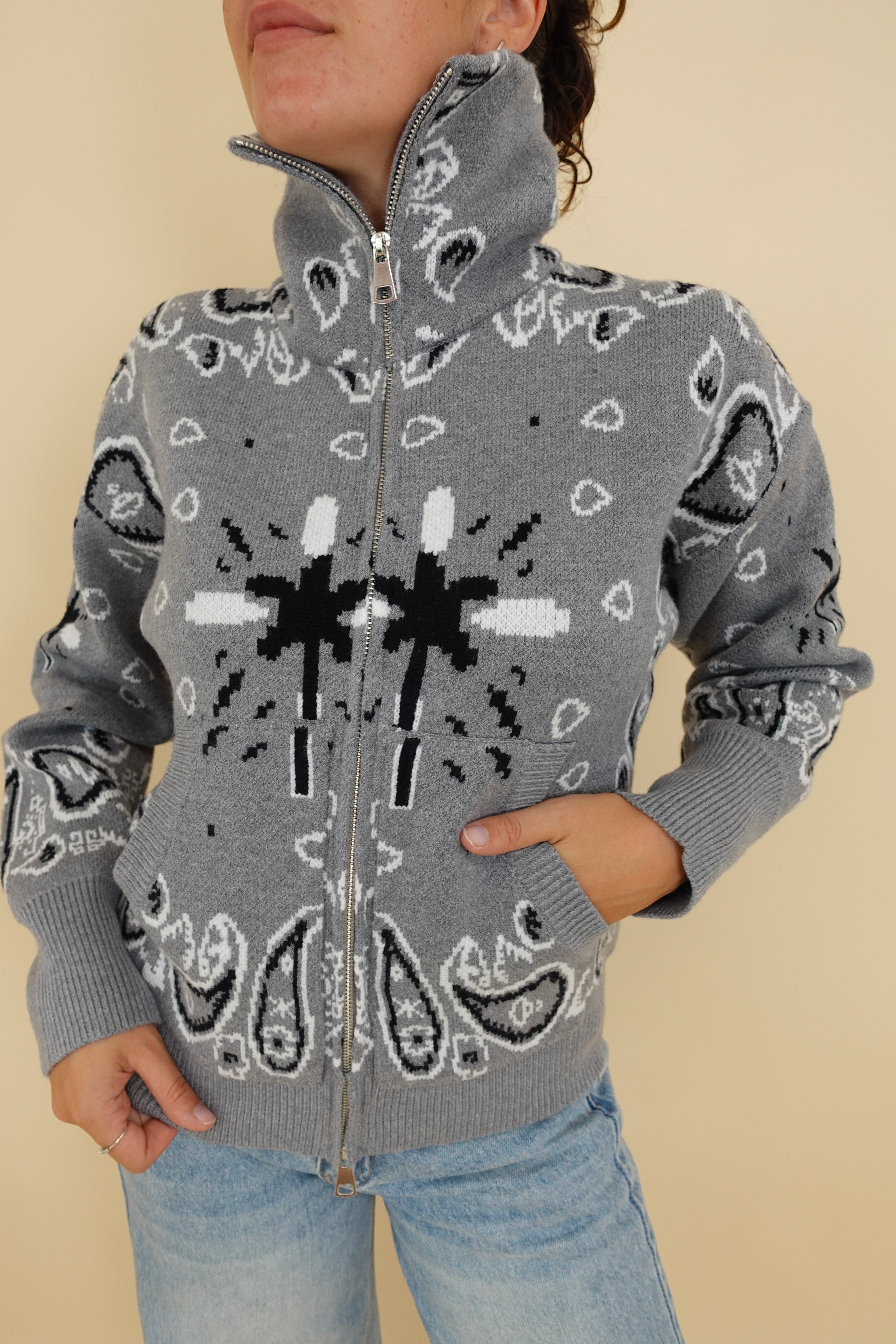 Cardigan Bandana Zip Grigio