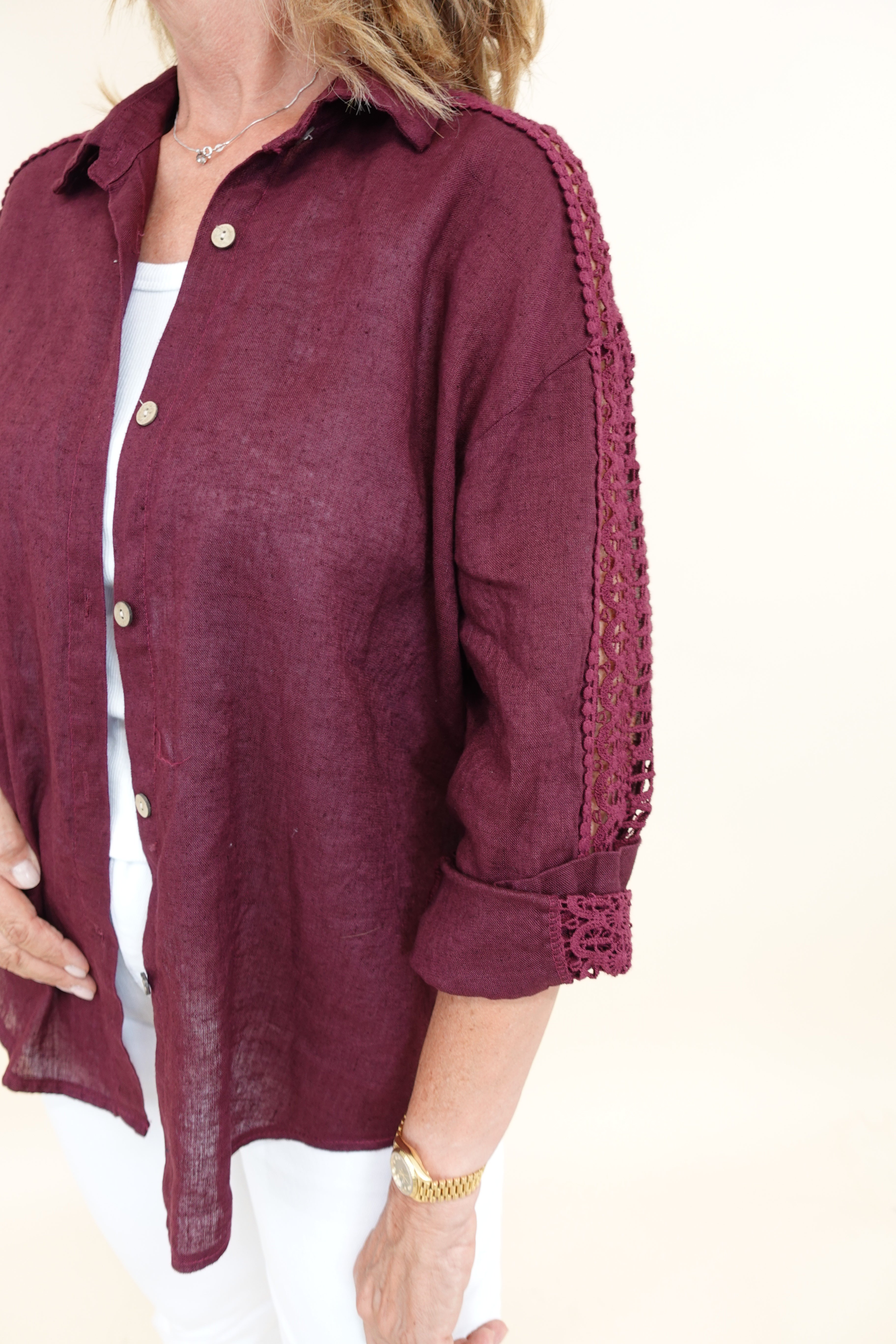 Camicia Ricamo Lino Bordeaux