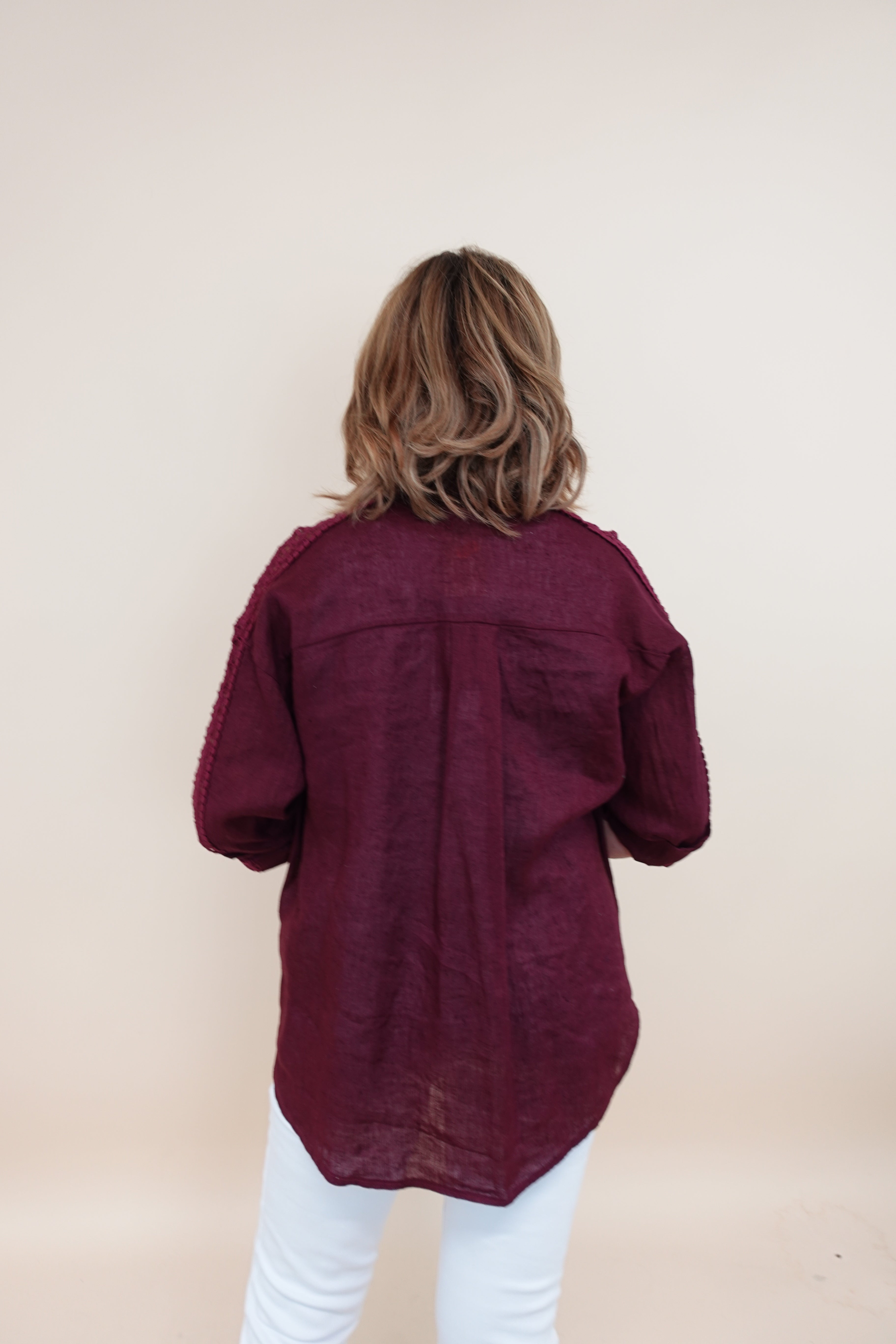 Camicia Ricamo Lino Bordeaux