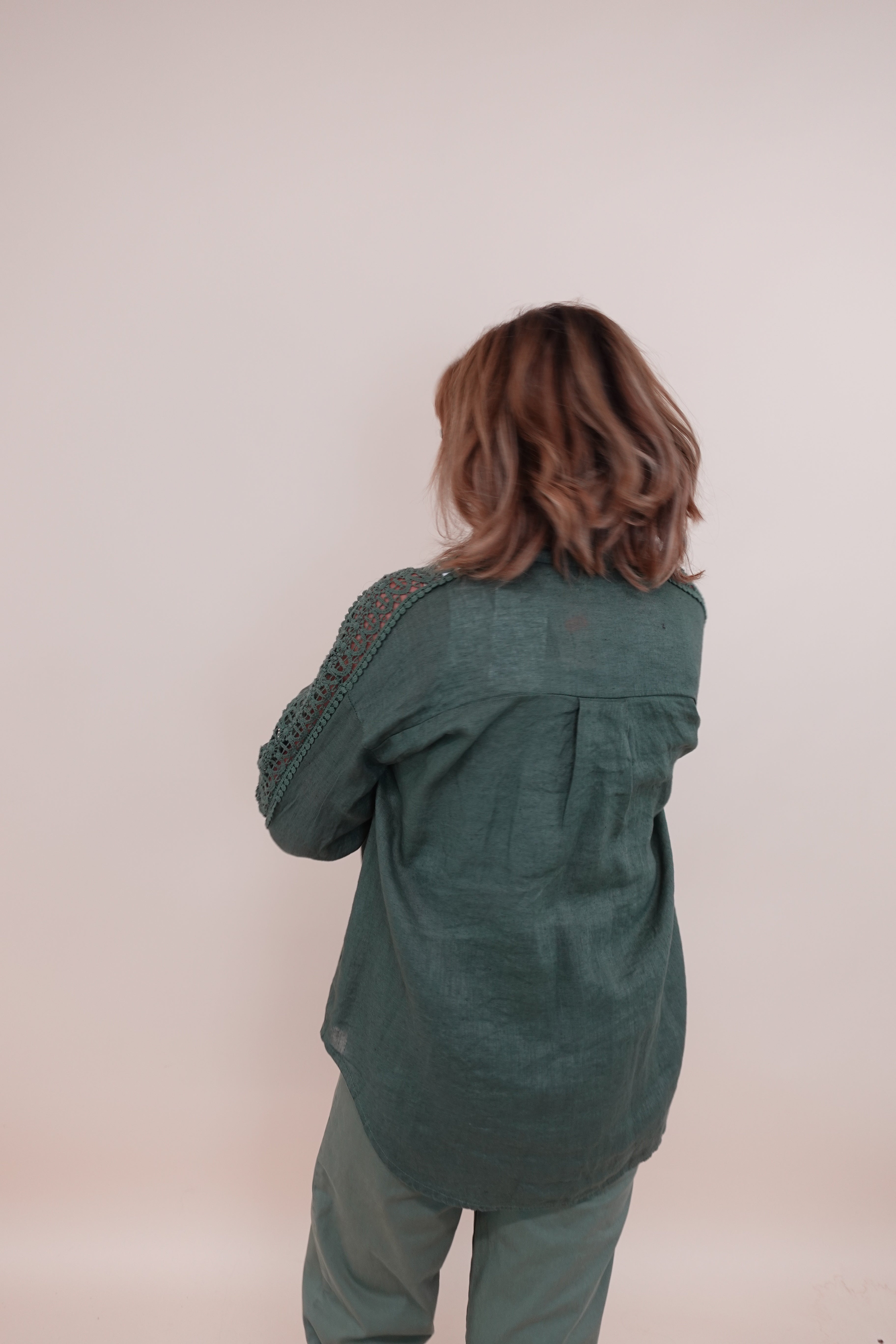 Camicia Ricamo Lino Verde
