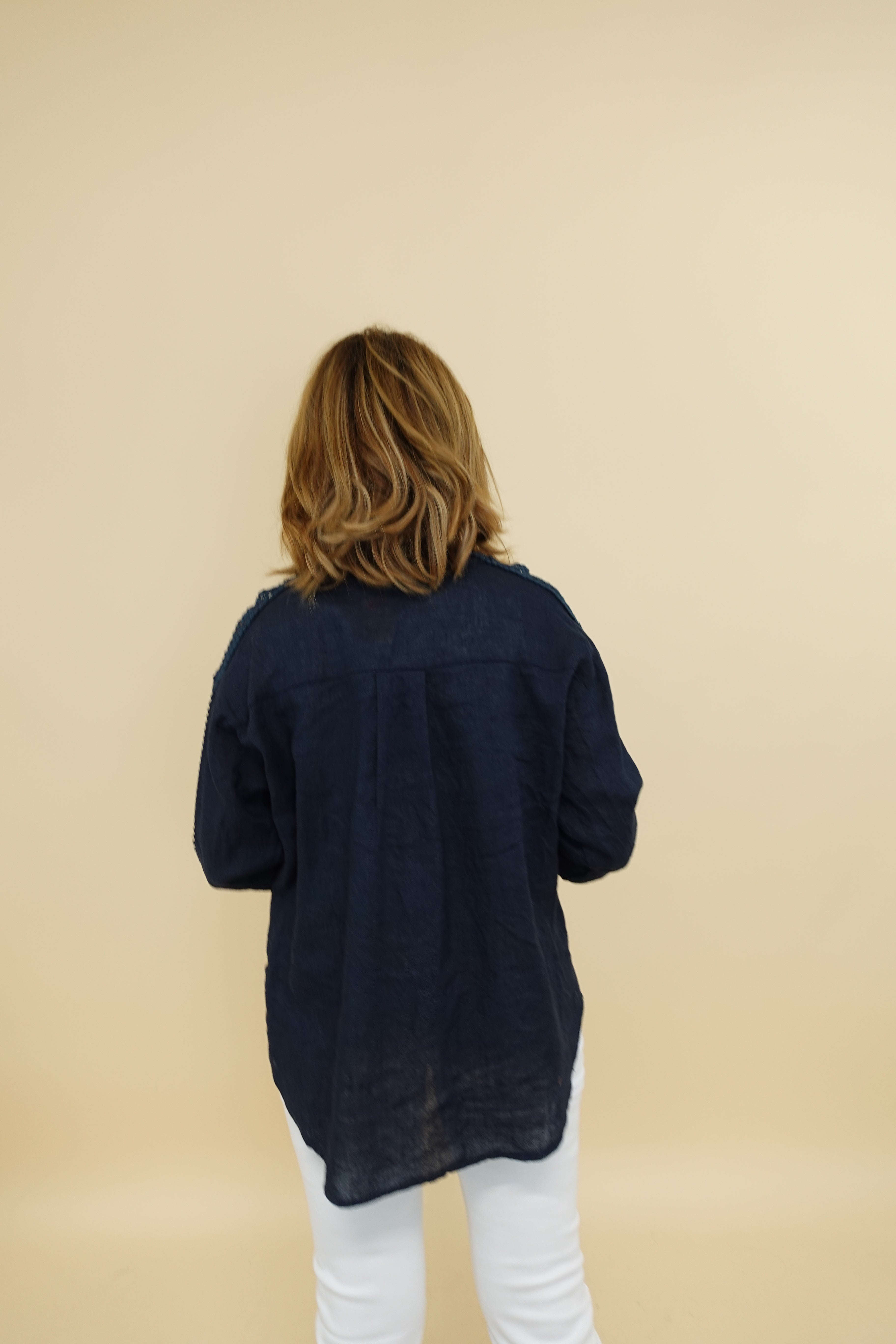 Camicia Ricamo Lino Blu