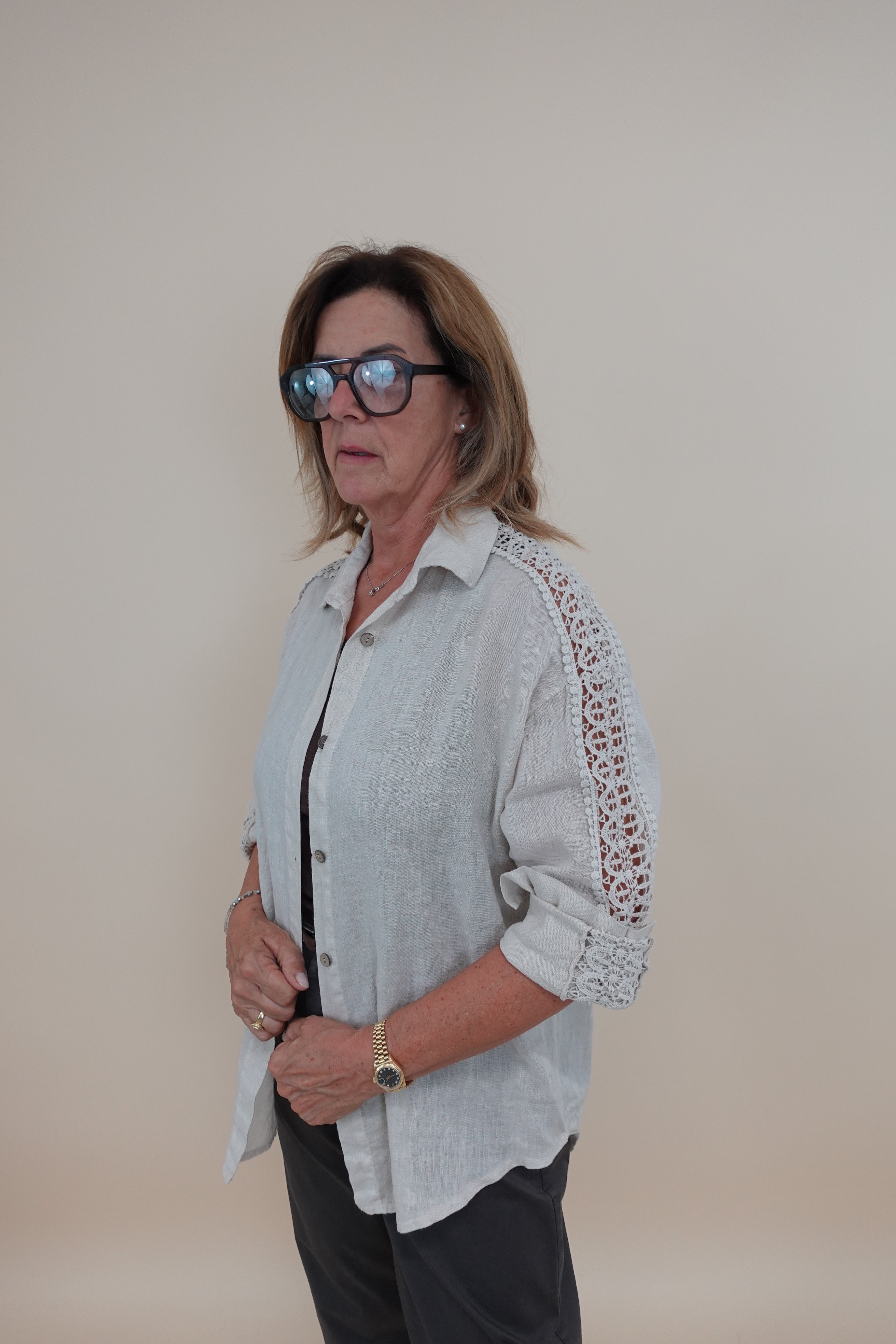Camicia Ricamo Lino Beige
