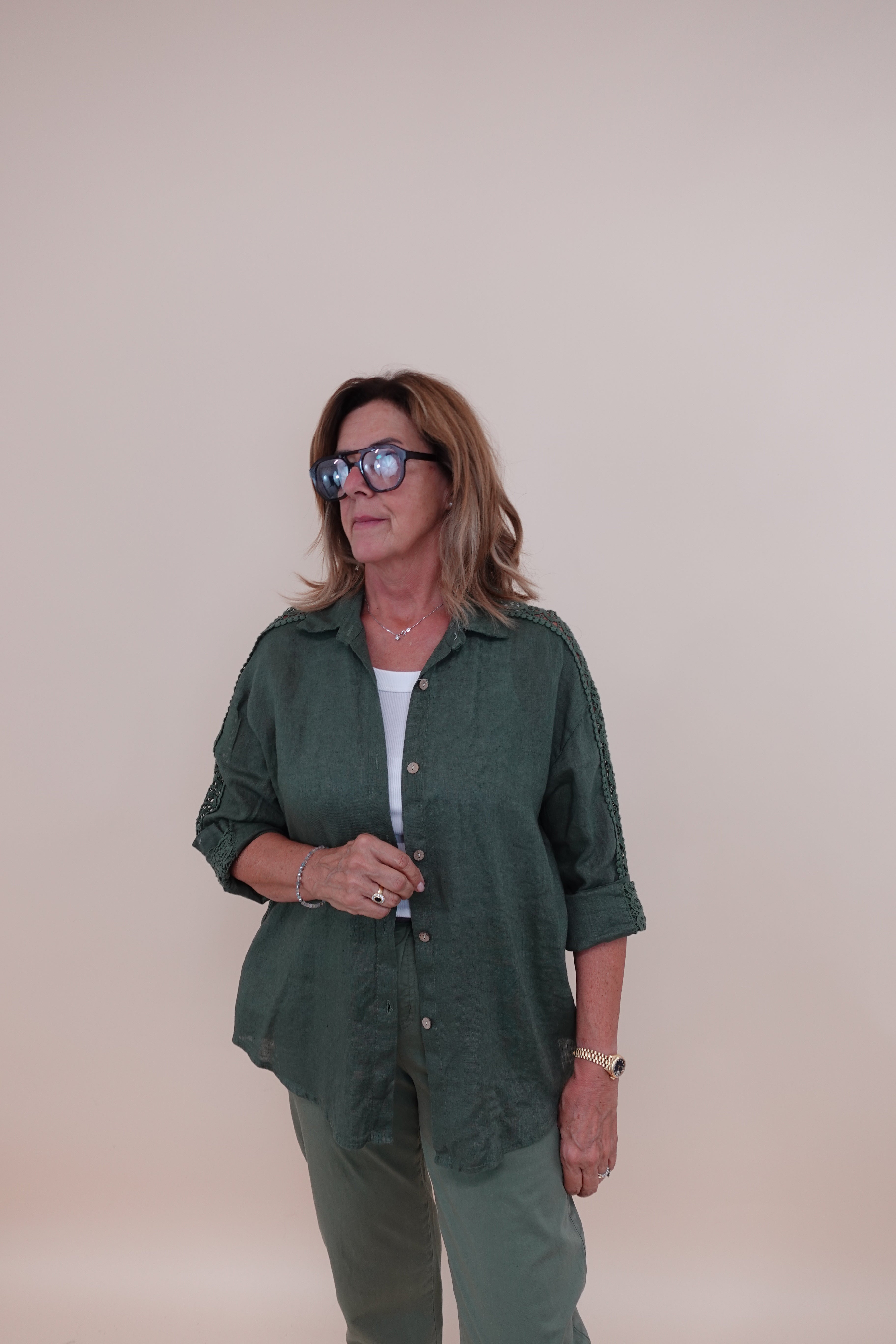 Camicia Ricamo Lino Verde