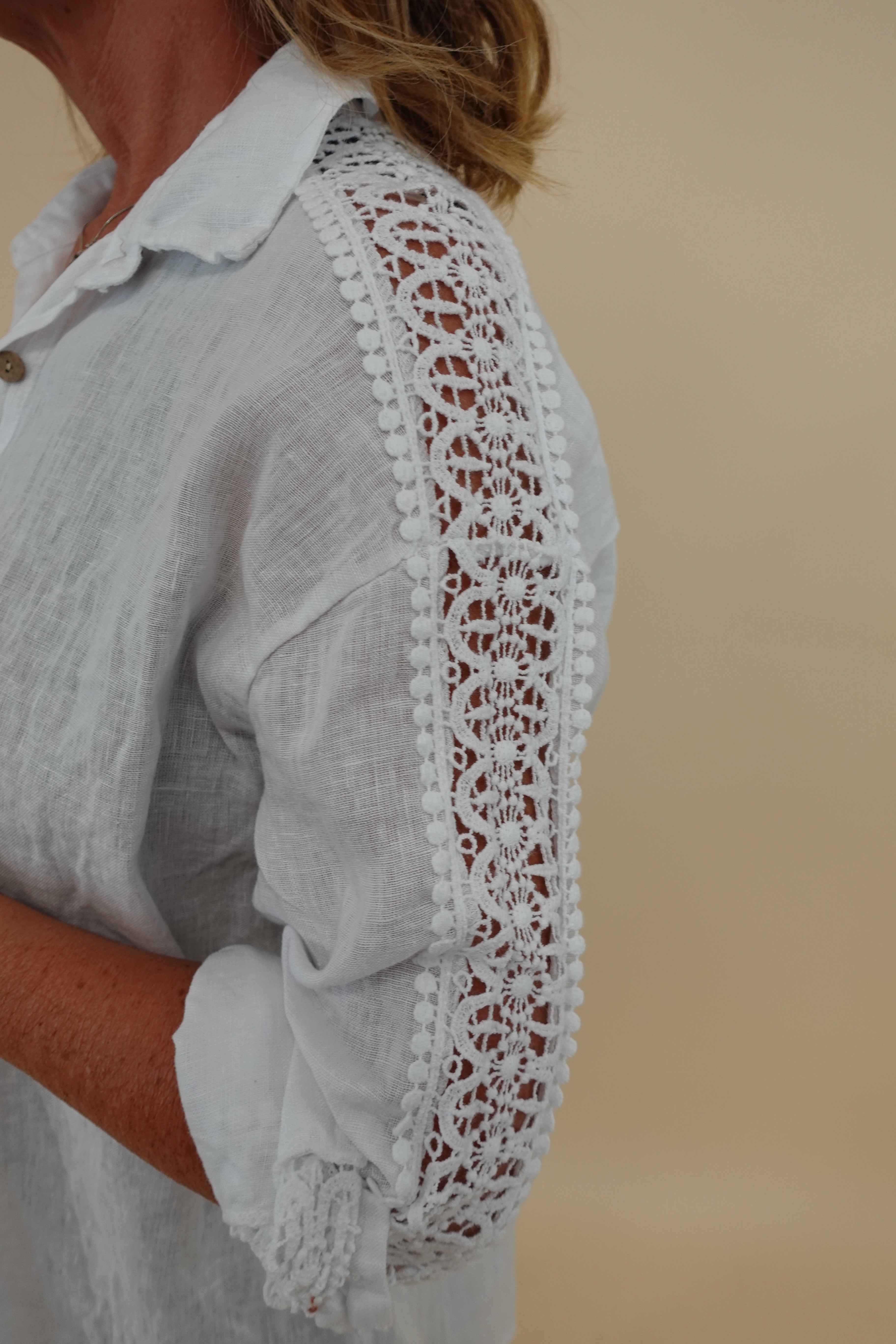 Camicia Ricamo Lino Bianco