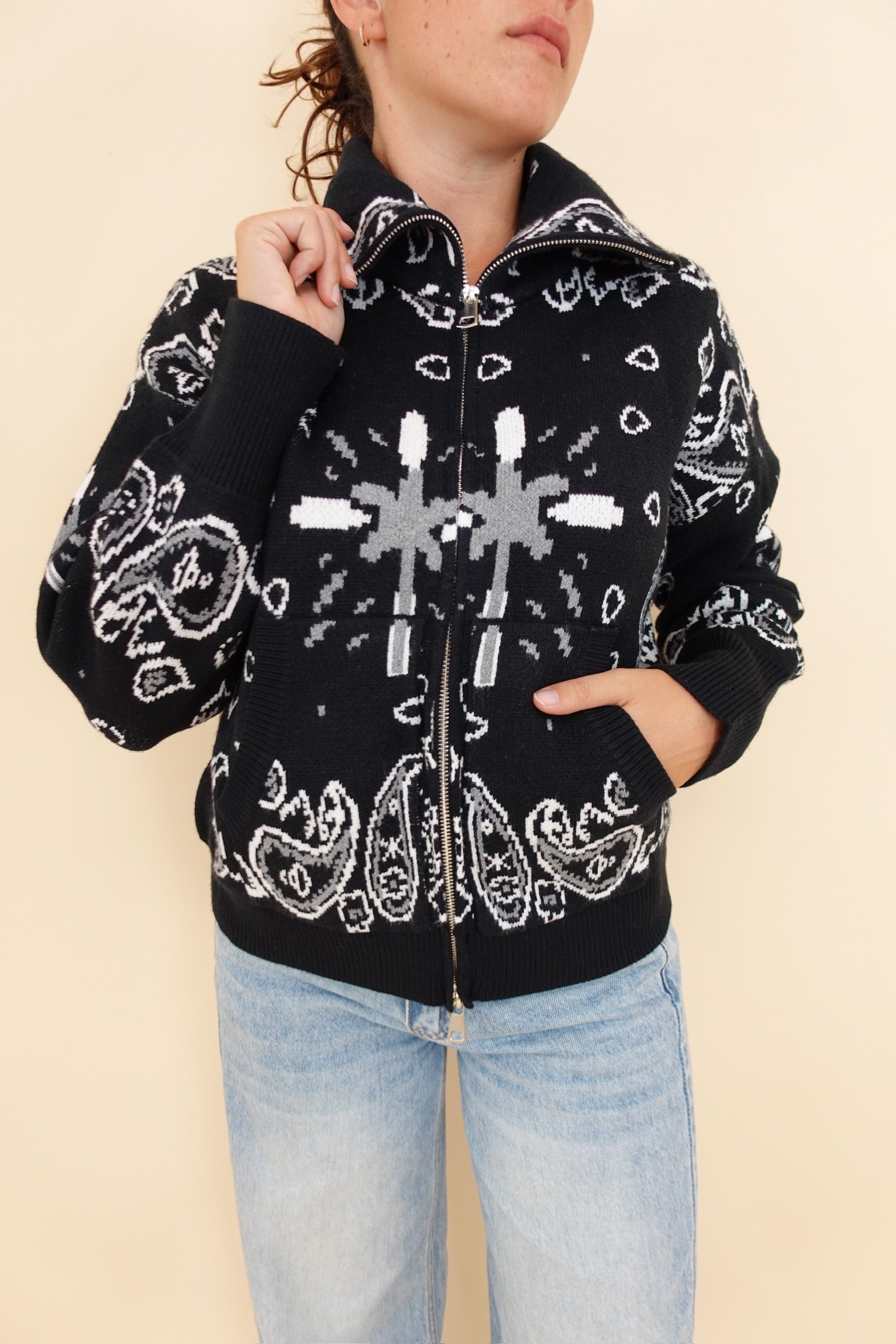 Cardigan Bandana Zip Nero