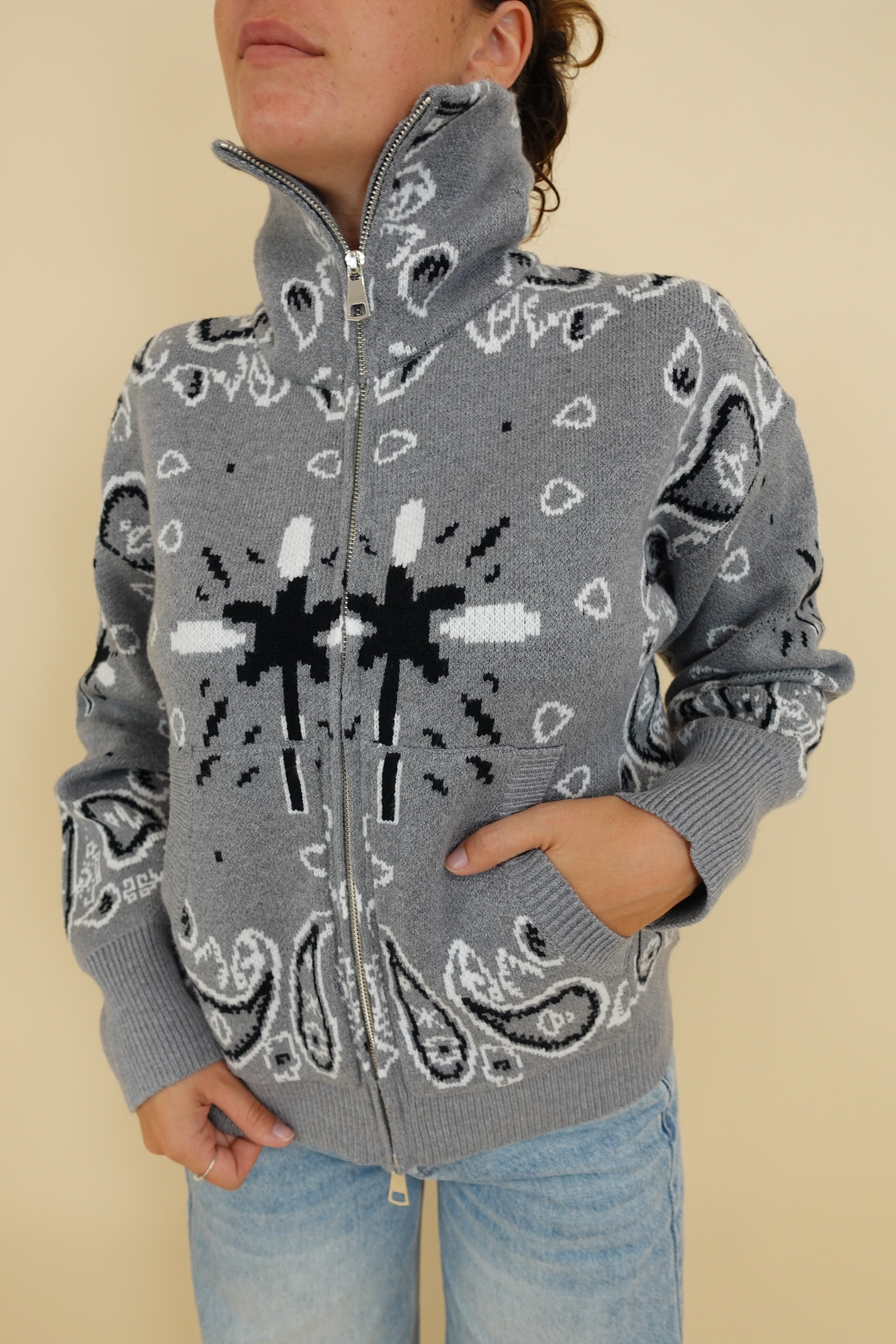 Cardigan Bandana Zip Grigio