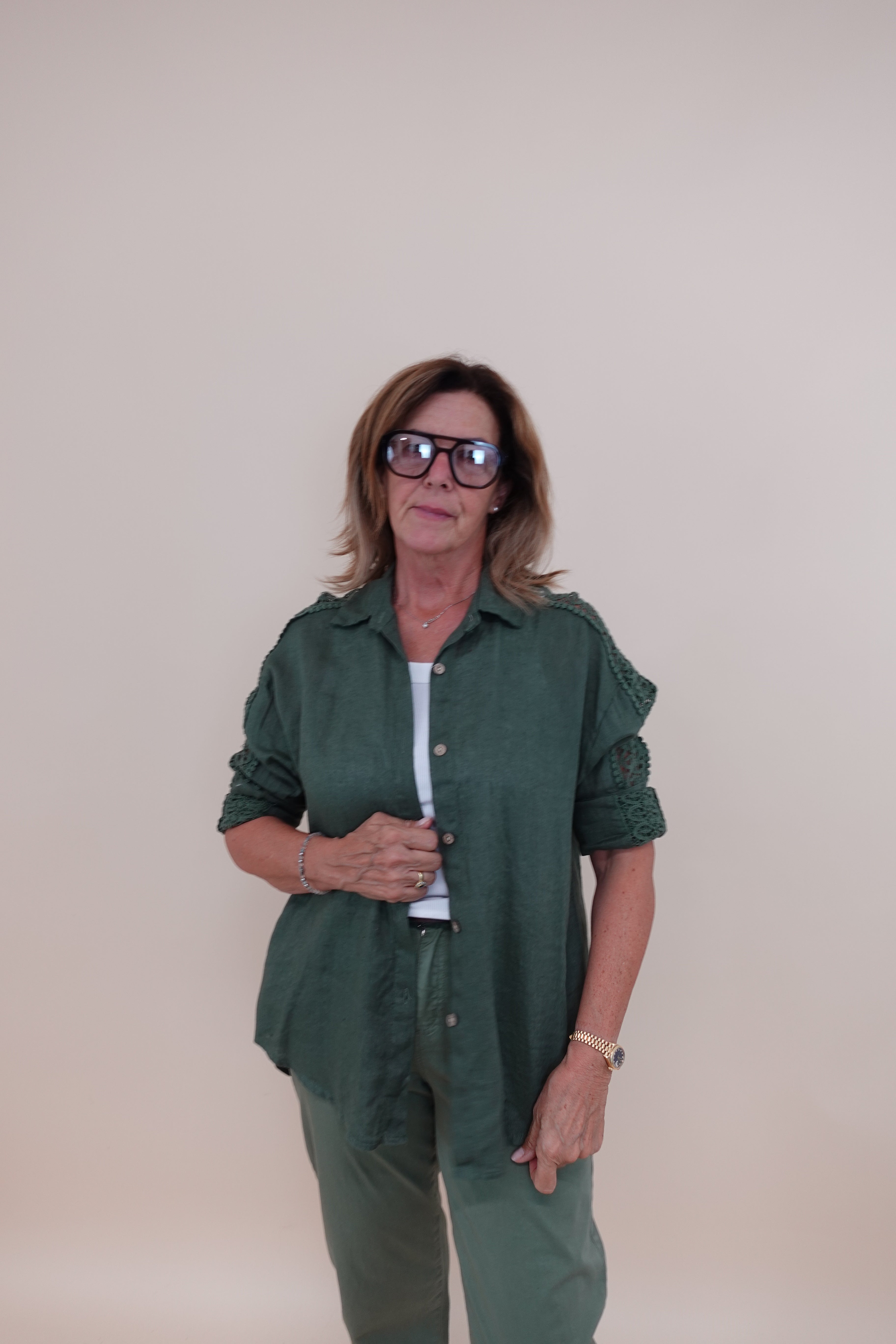 Camicia Ricamo Lino Verde
