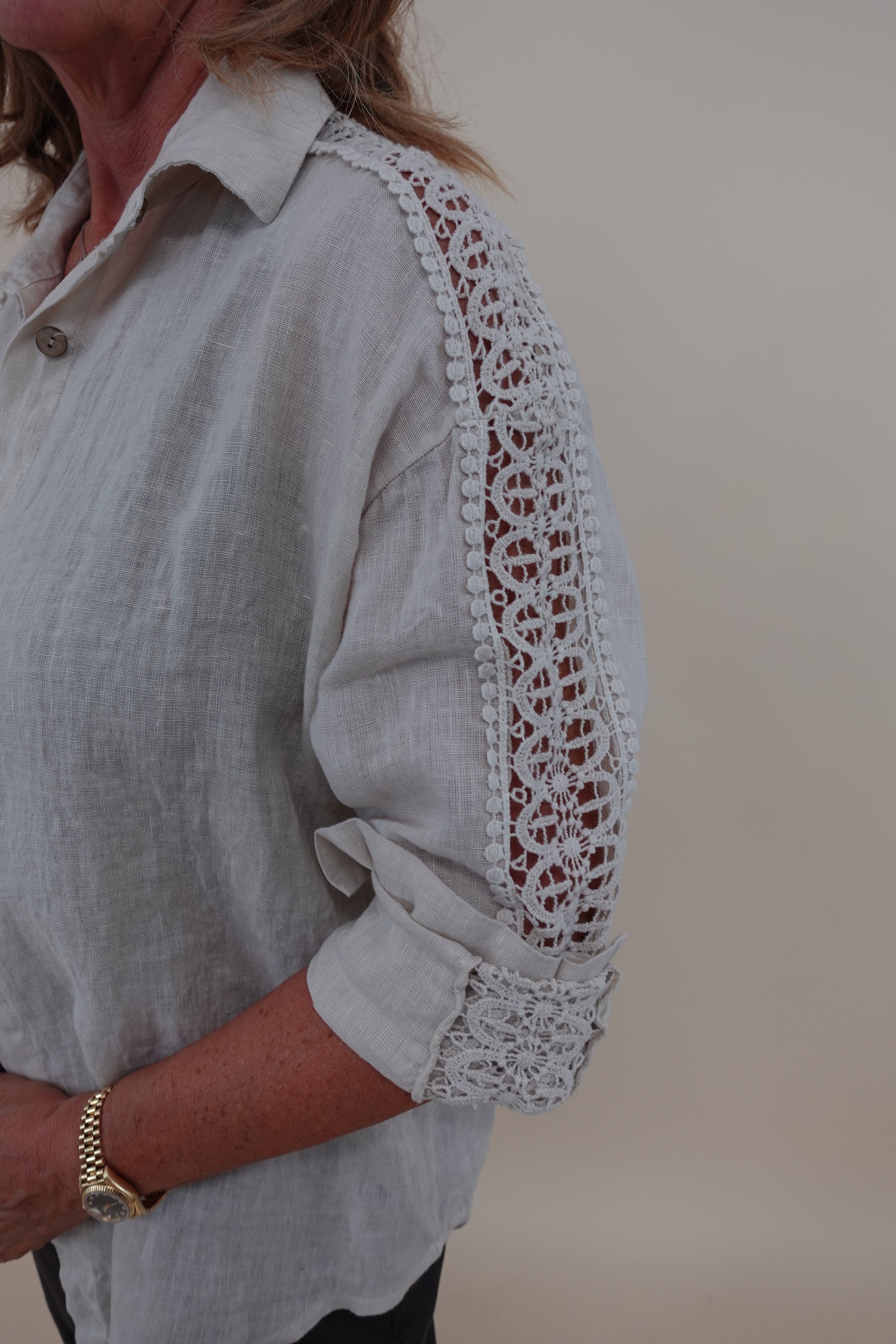 Camicia Ricamo Lino Beige