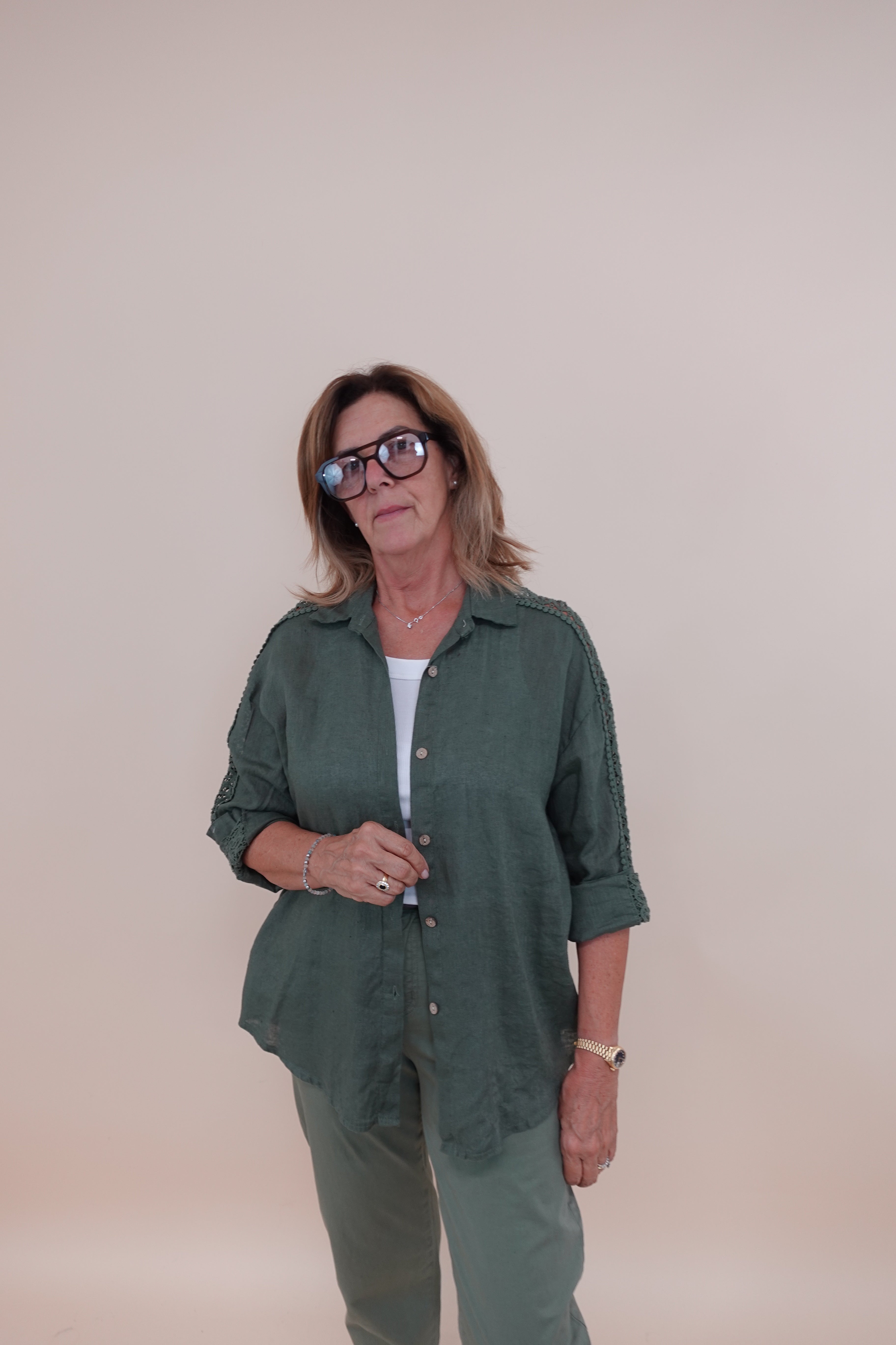 Camicia Ricamo Lino Verde