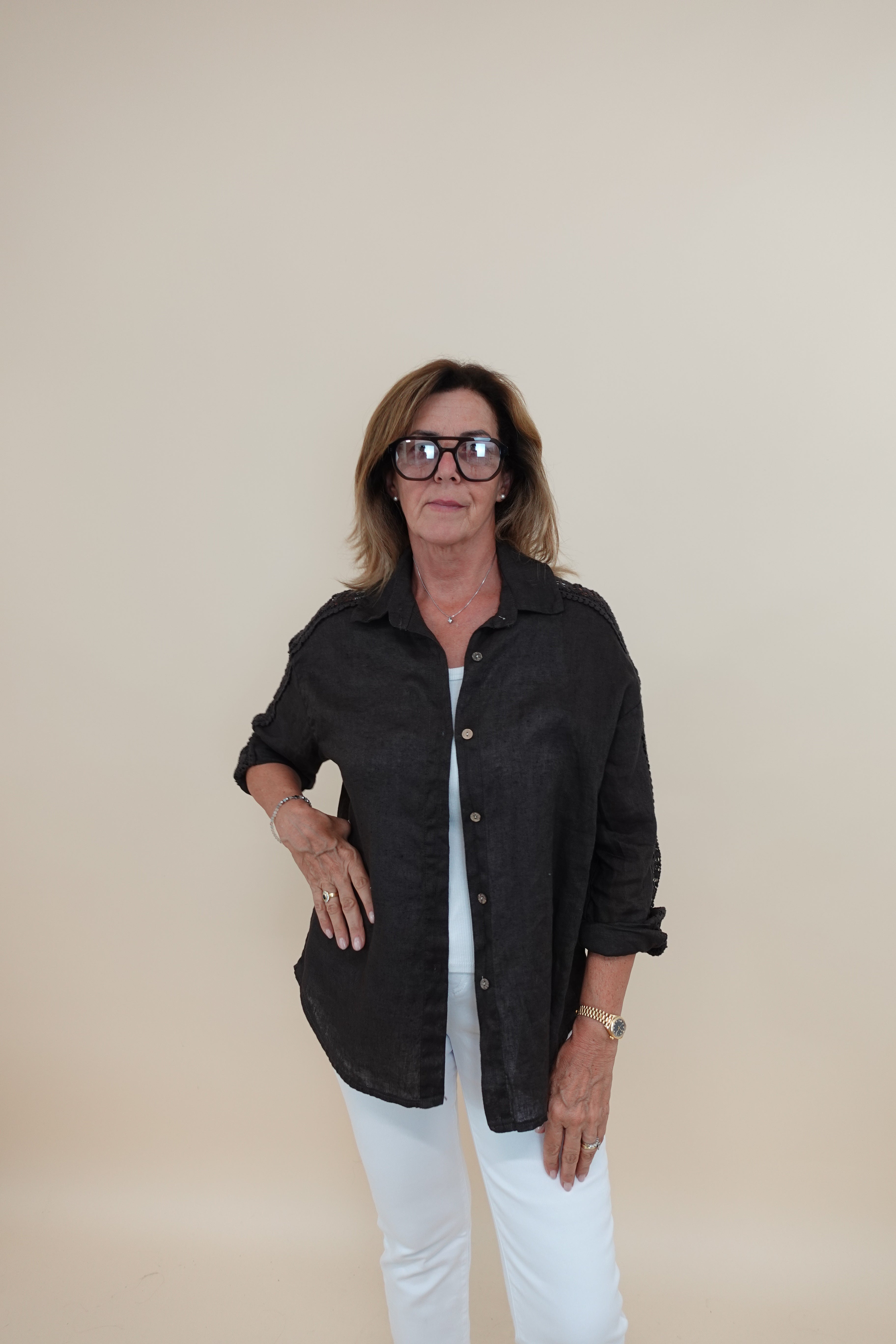 Camicia Ricamo Lino Marrone