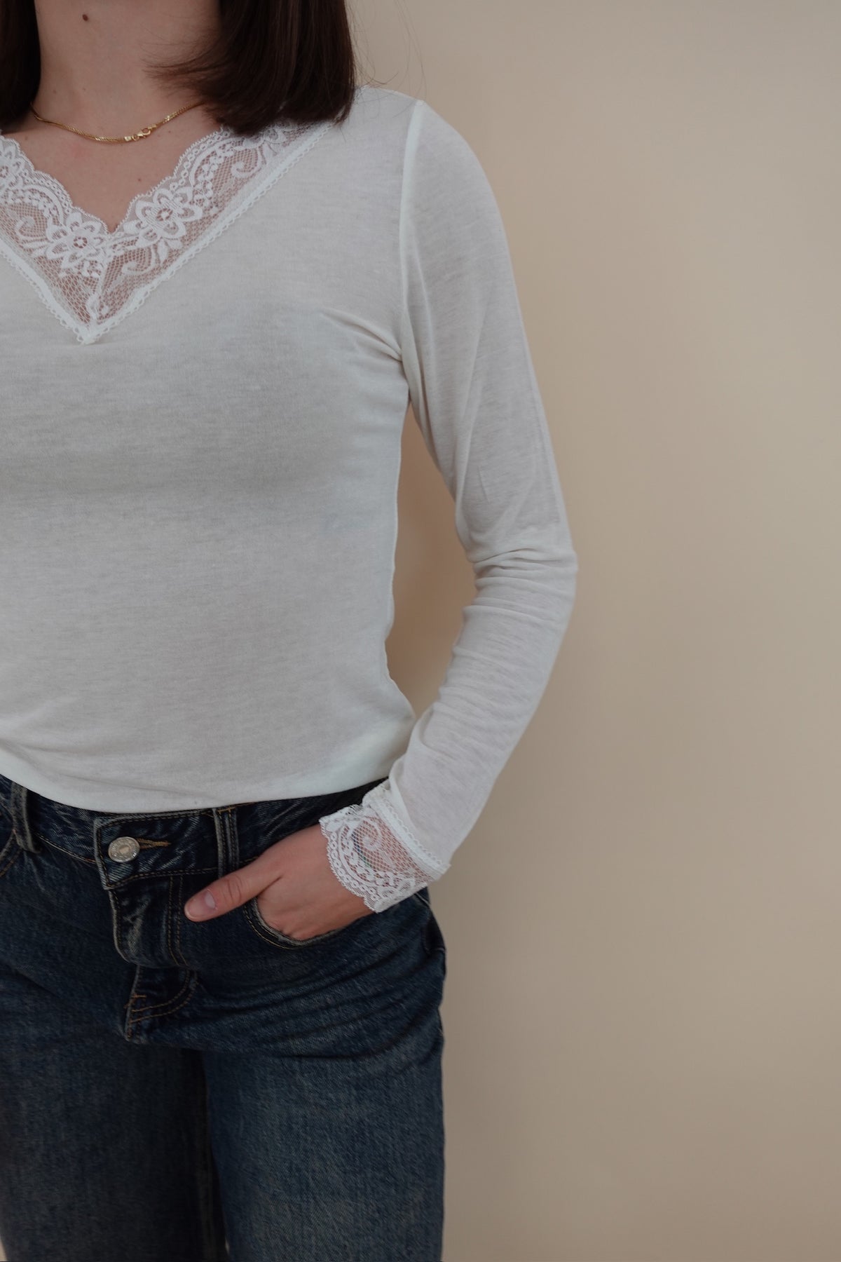 Maglia Cashmere Blend Pizzo Panna