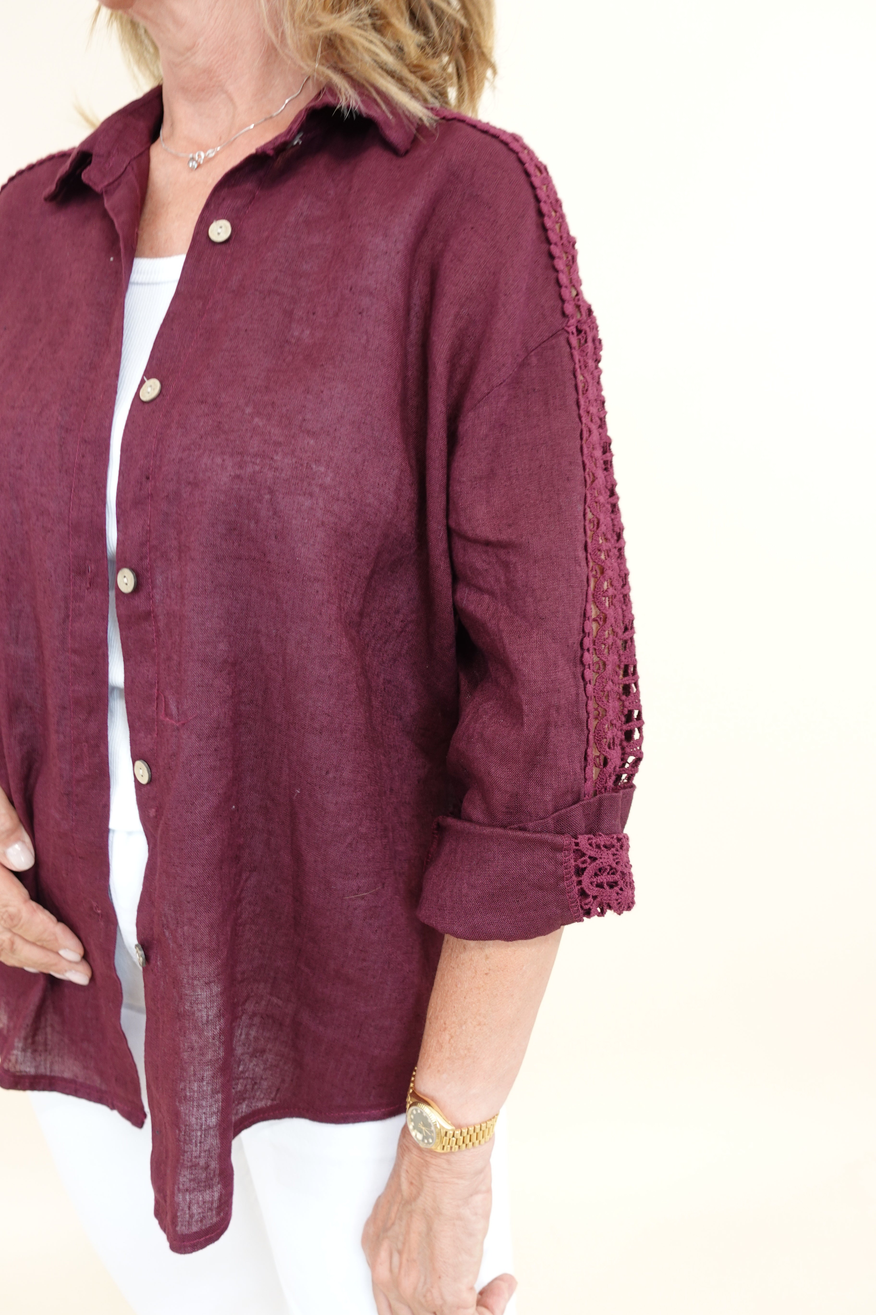 Camicia Ricamo Lino Bordeaux
