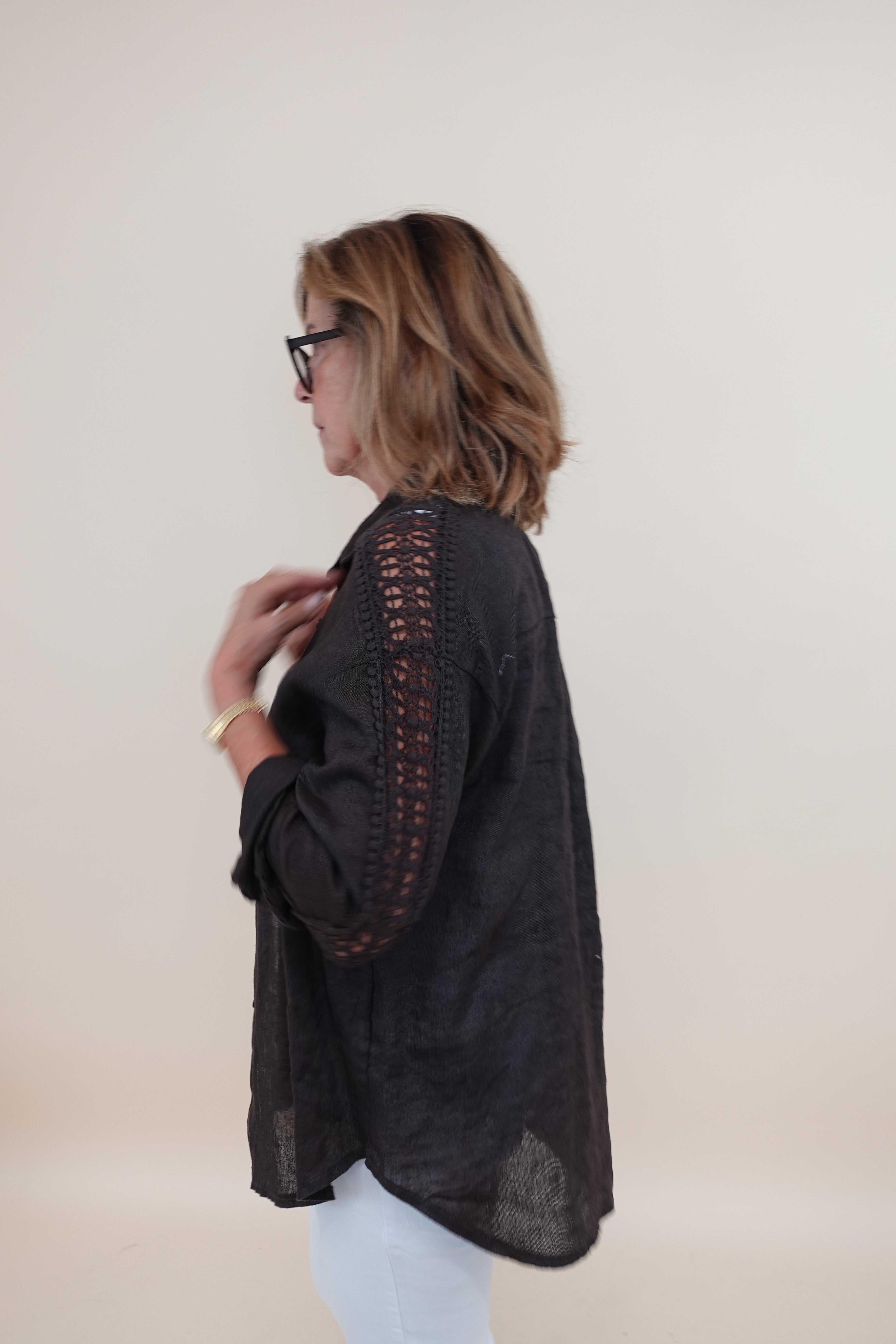 Camicia Ricamo Lino Marrone
