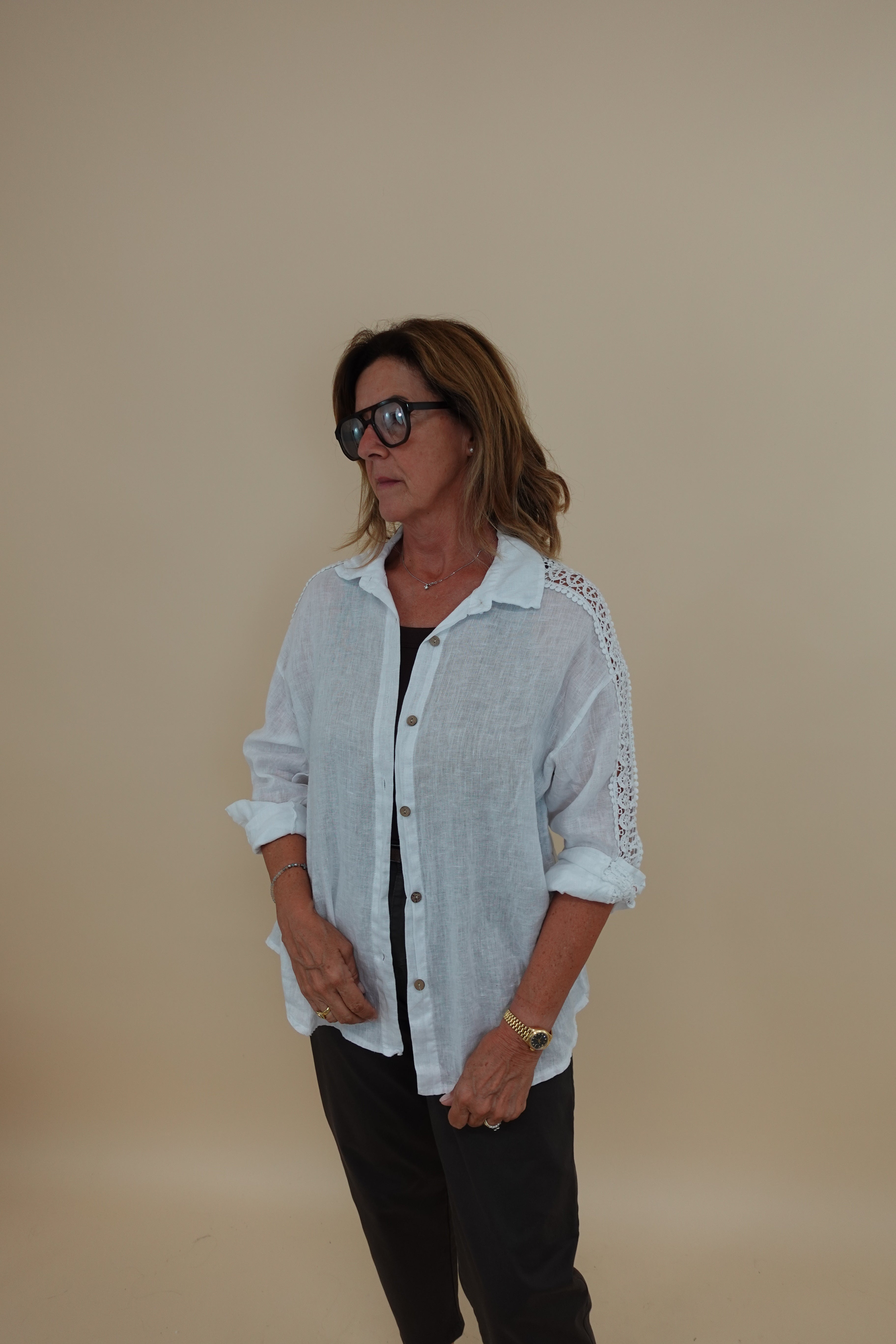 Camicia Ricamo Lino Bianco