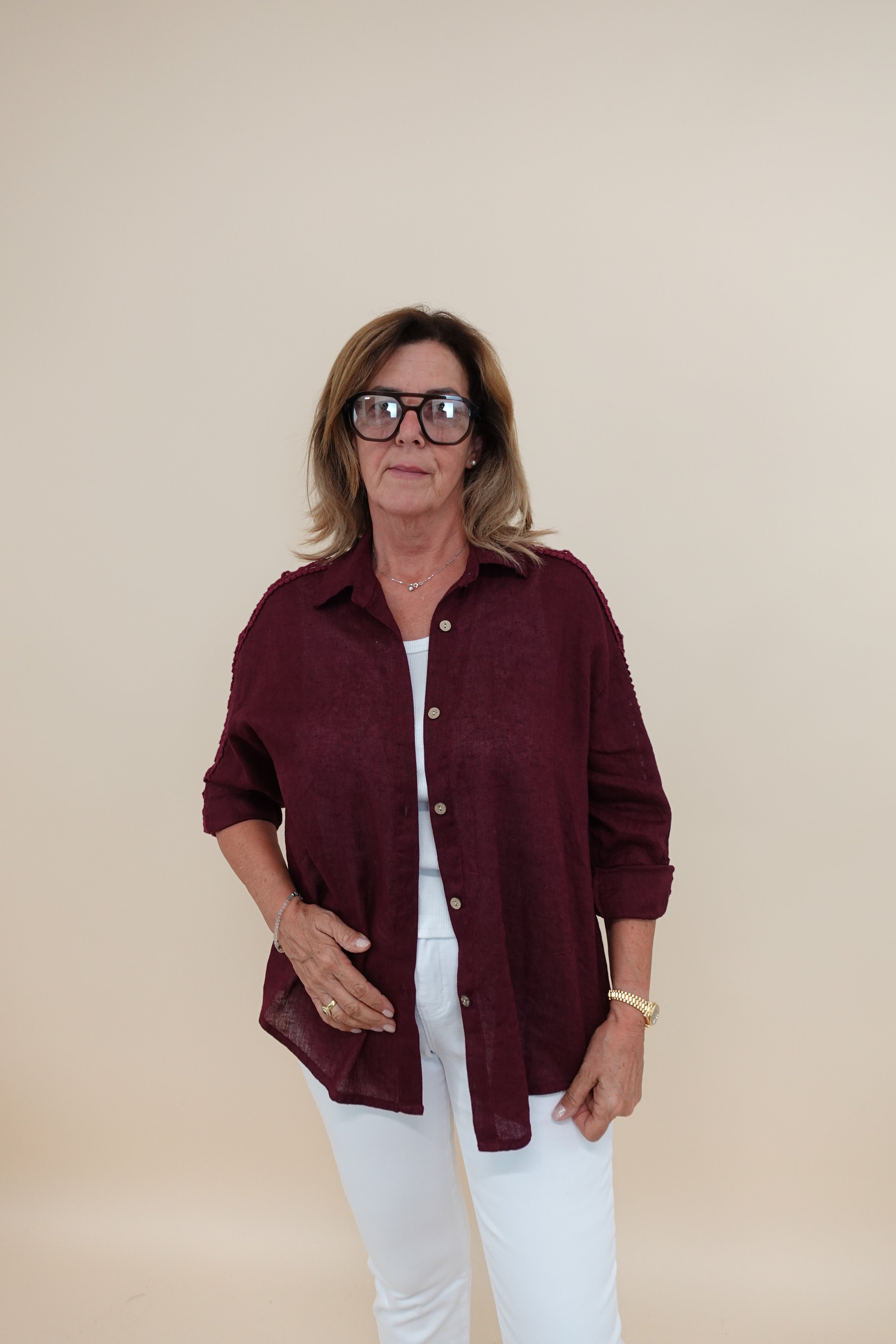 Camicia Ricamo Lino Bordeaux