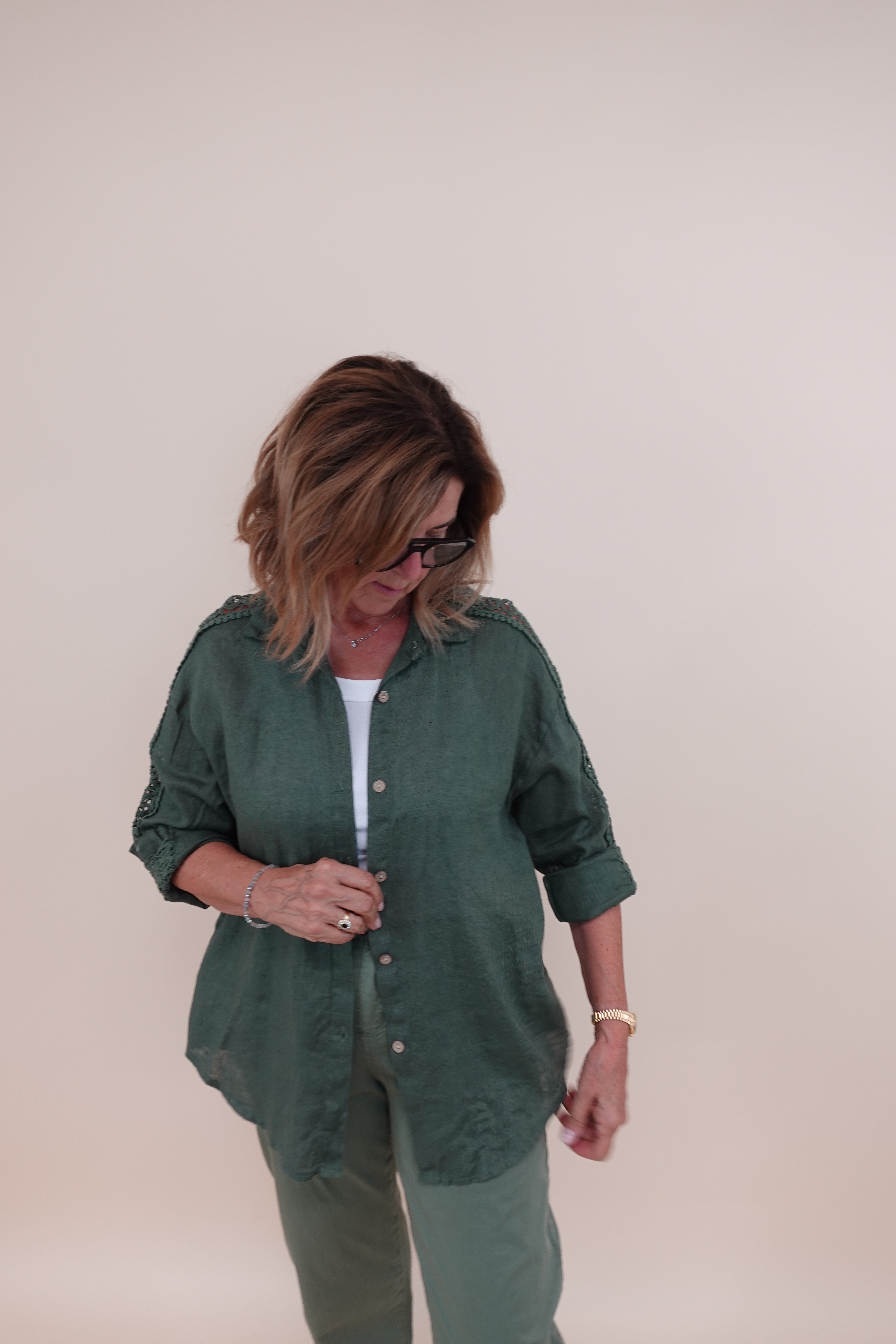 Camicia Ricamo Lino Verde