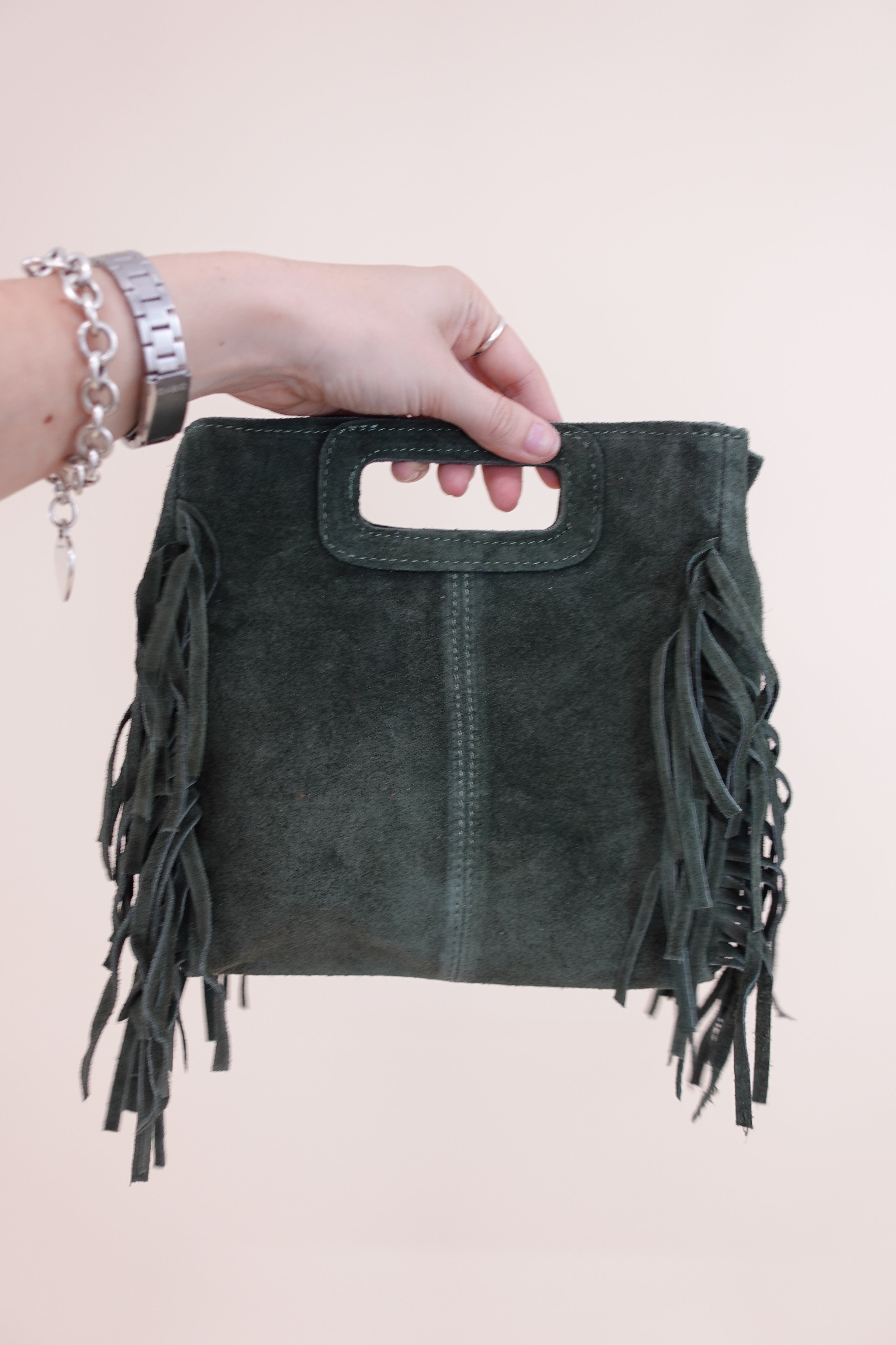 Borsa Frange Pelle Verde