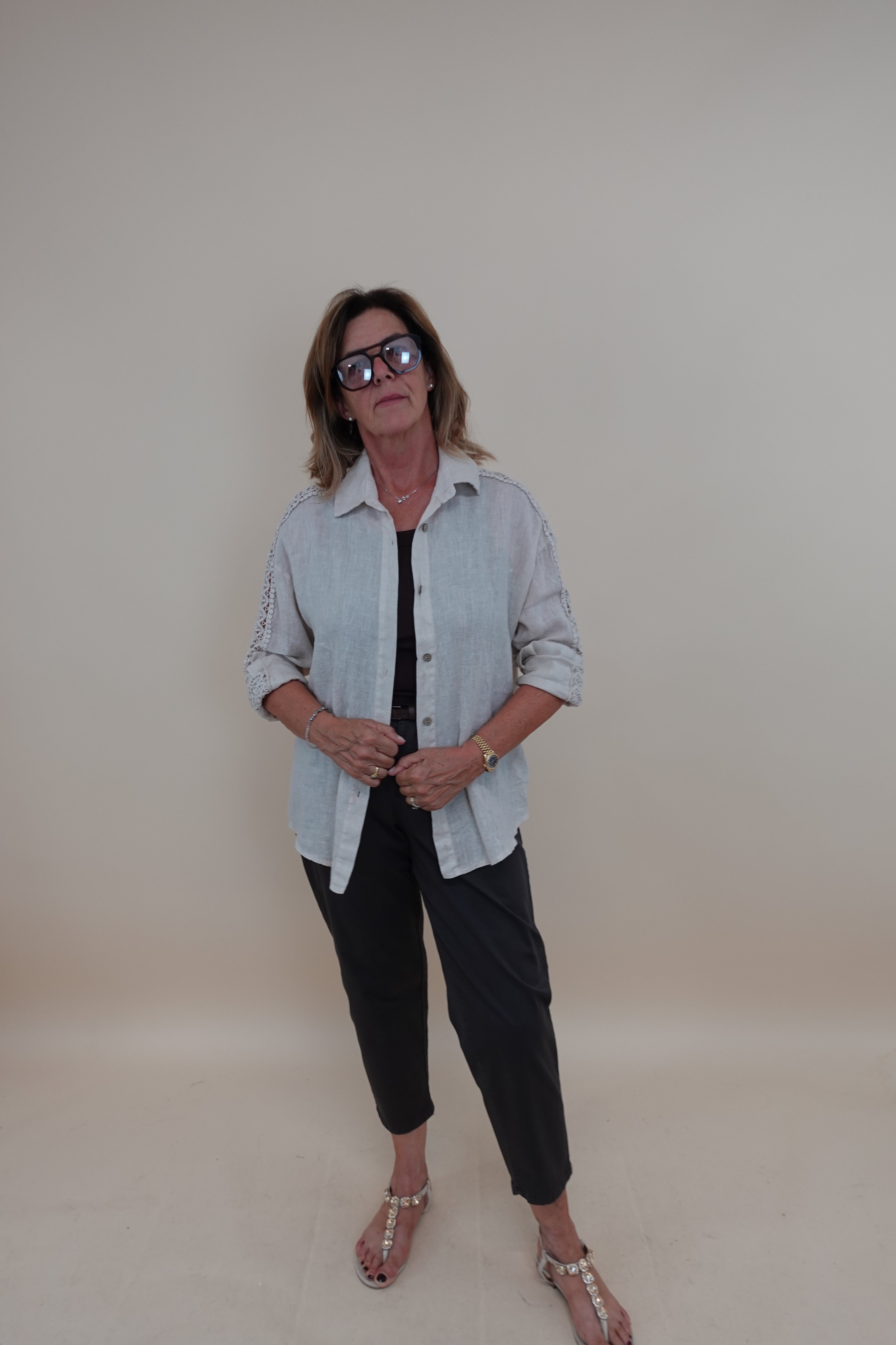 Camicia Ricamo Lino Beige