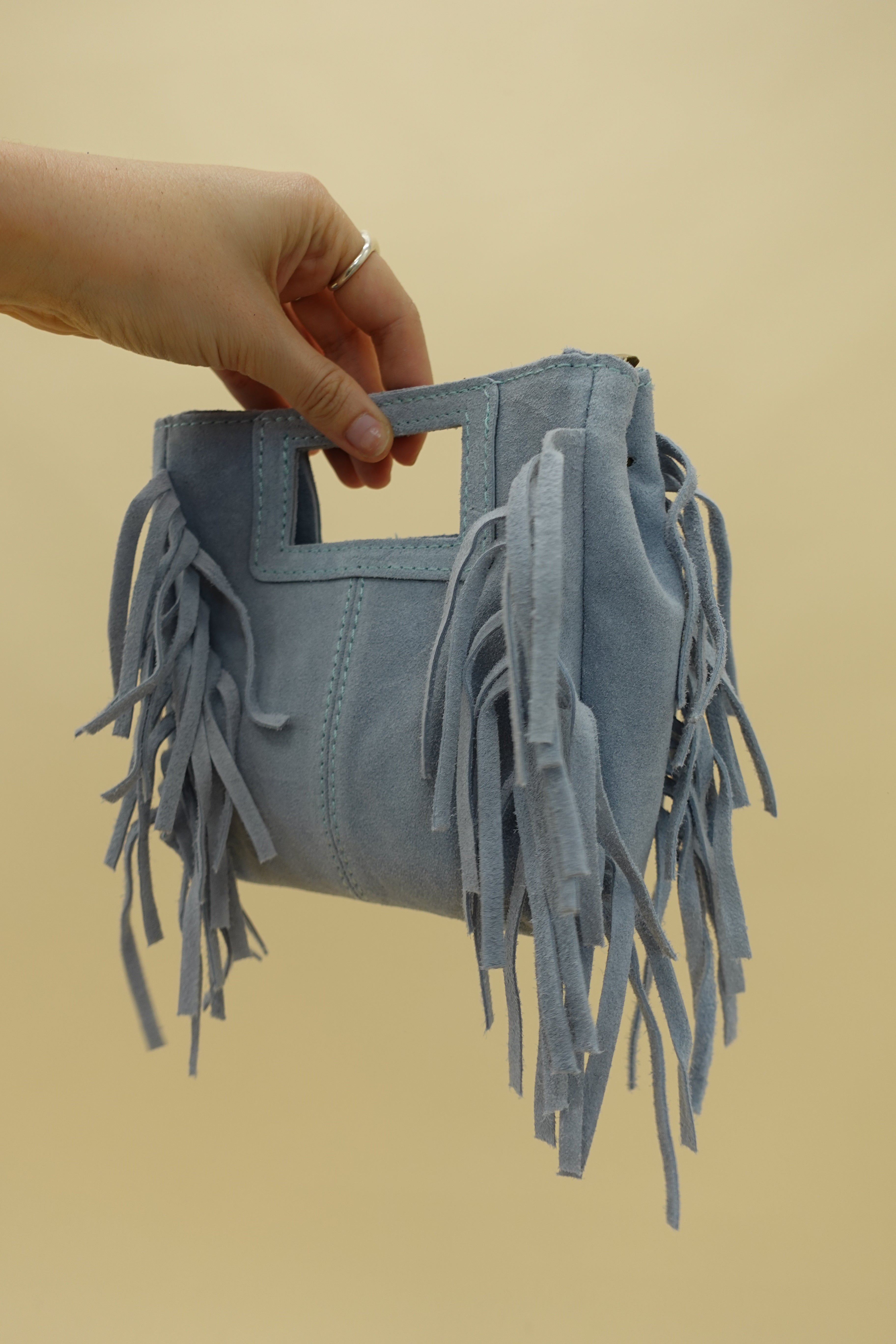 Borsa Frange Mini Pelle Azzurra