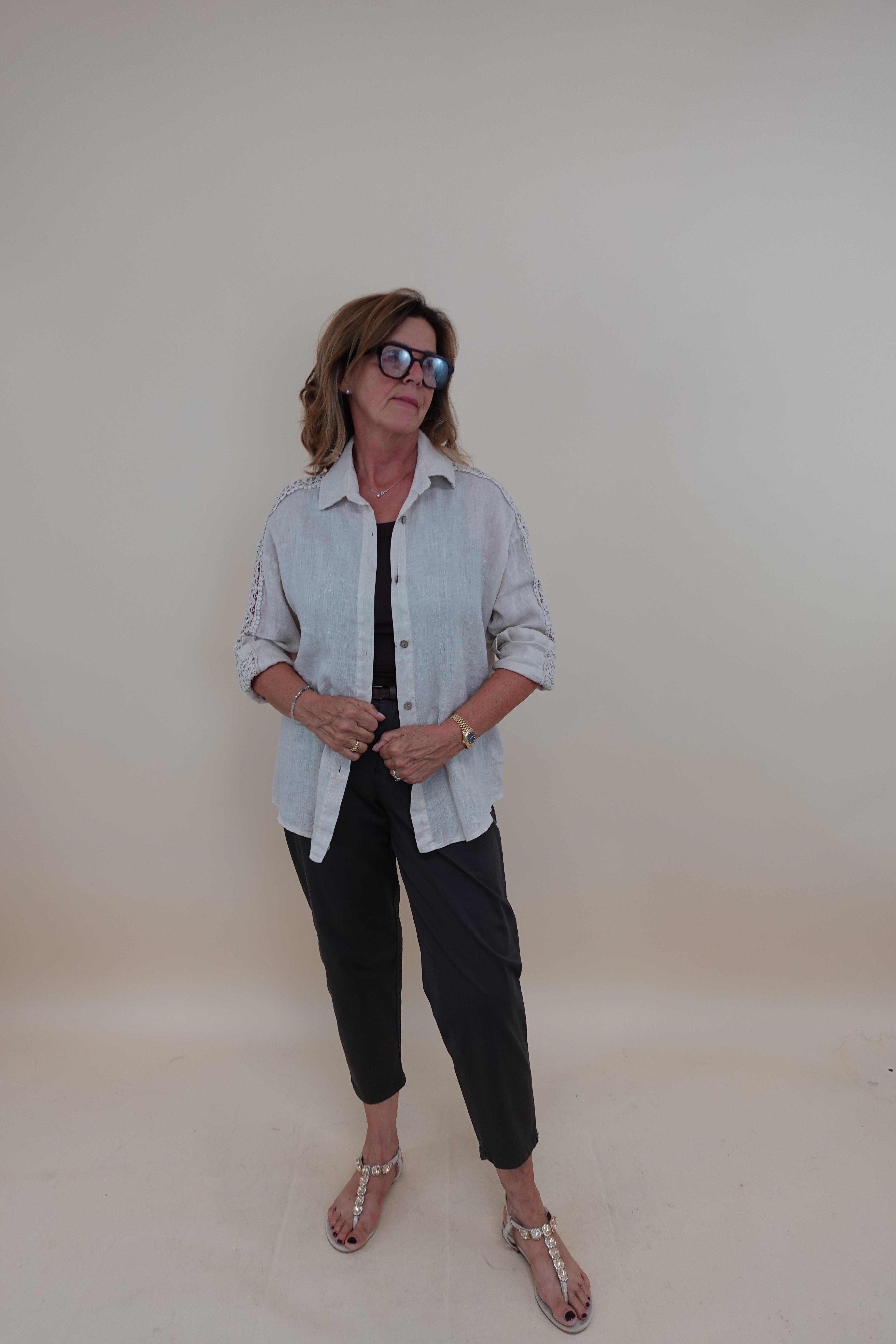 Camicia Ricamo Lino Beige