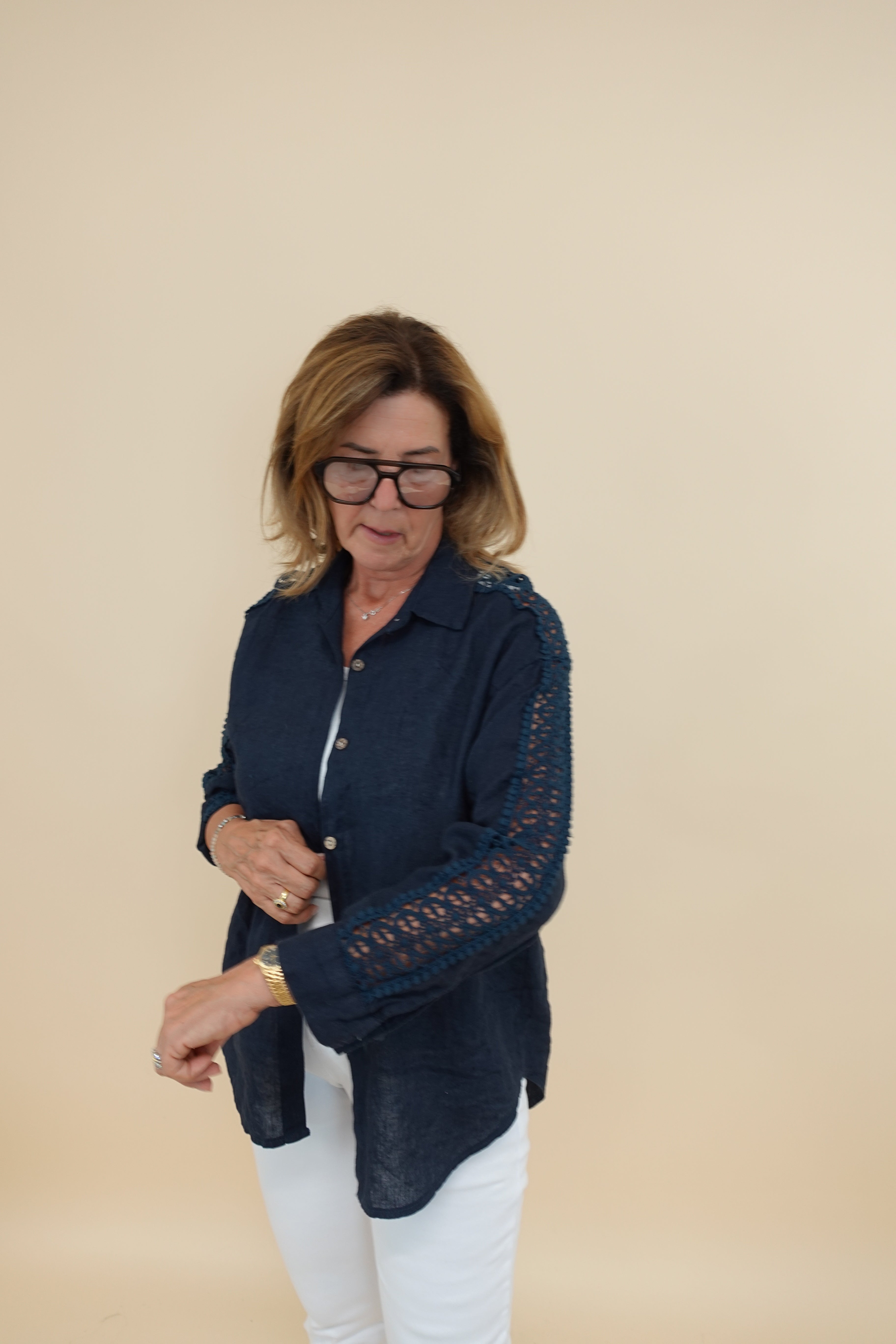 Camicia Ricamo Lino Blu