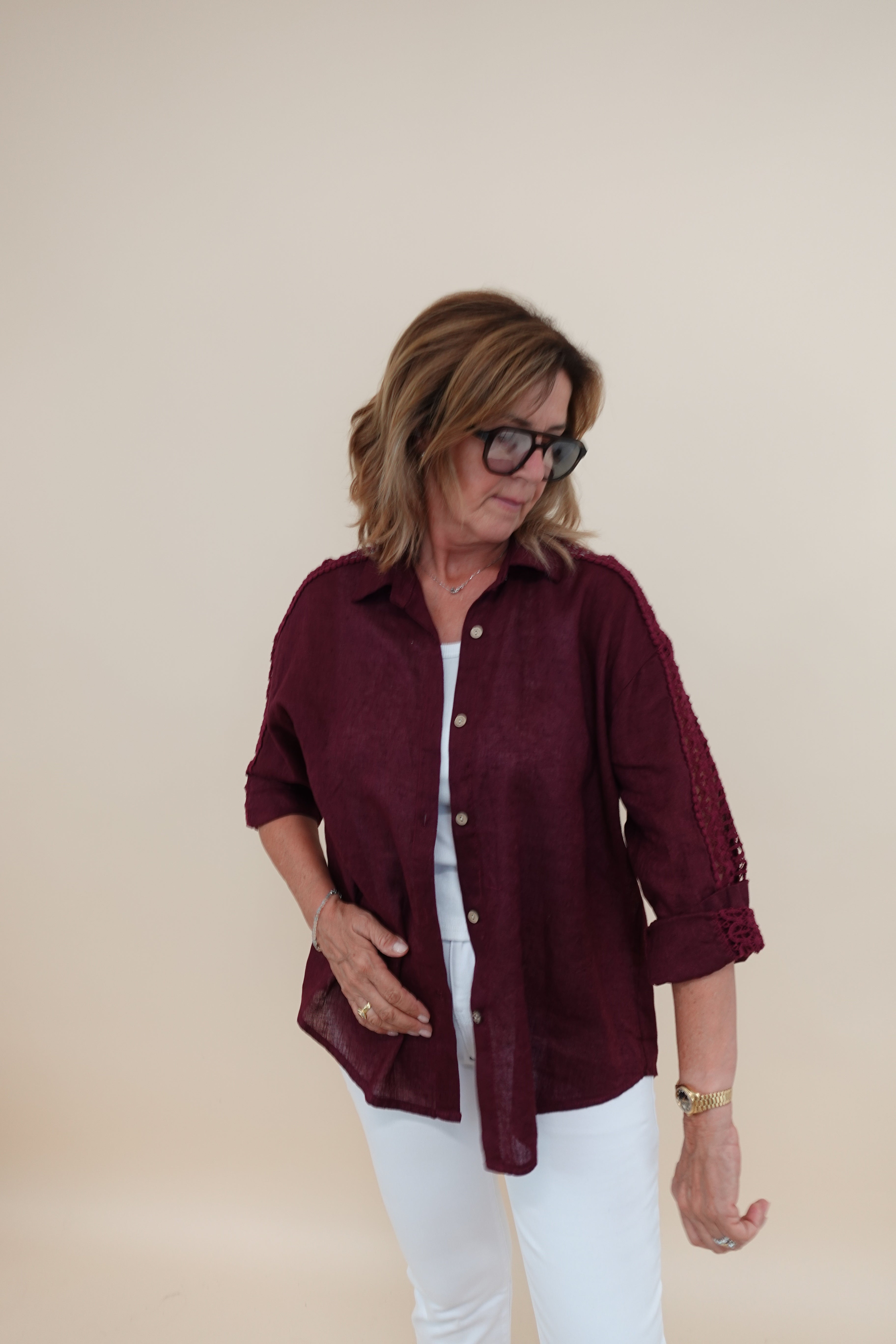 Camicia Ricamo Lino Bordeaux