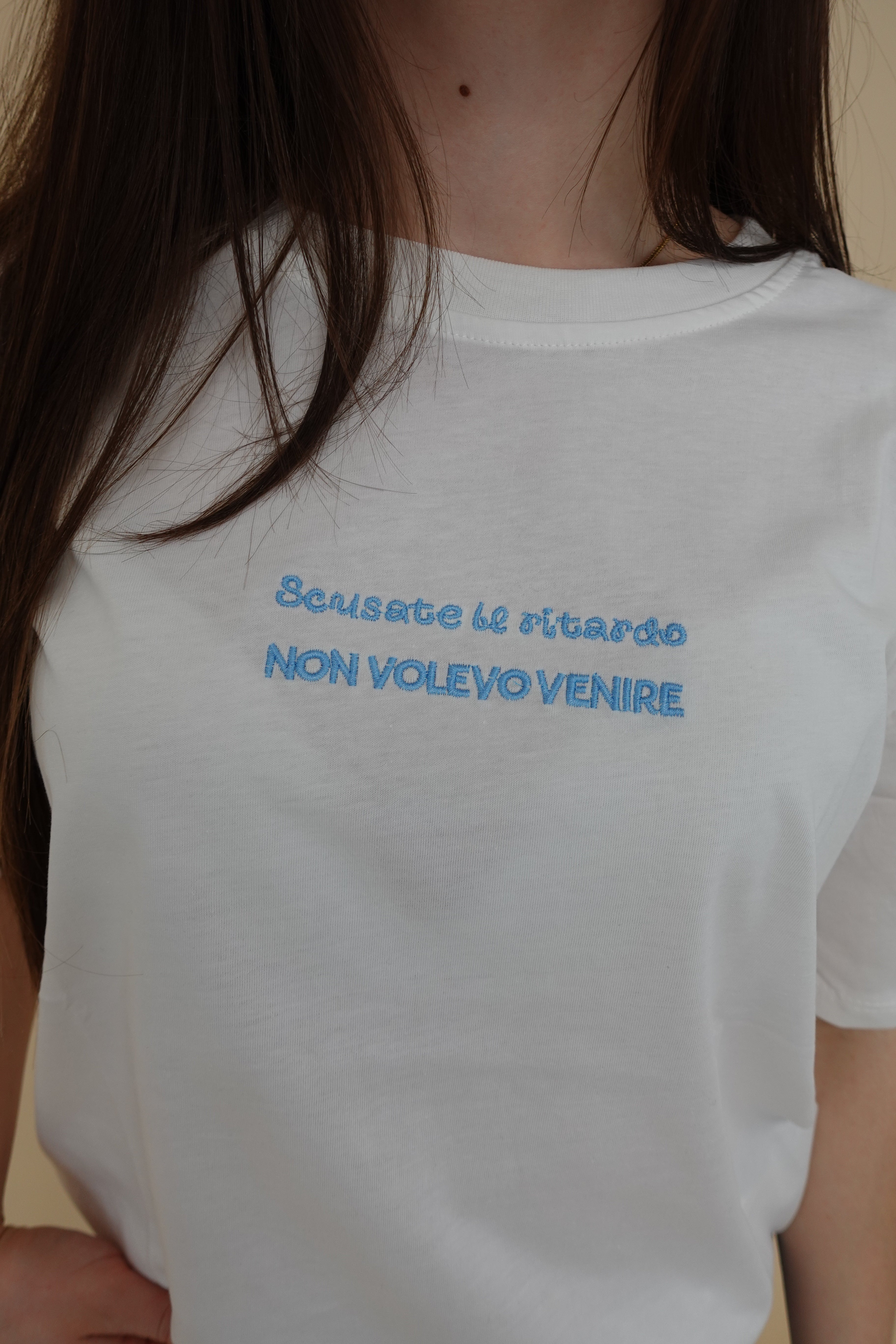 T-shirt "non volevo venire" azzurra