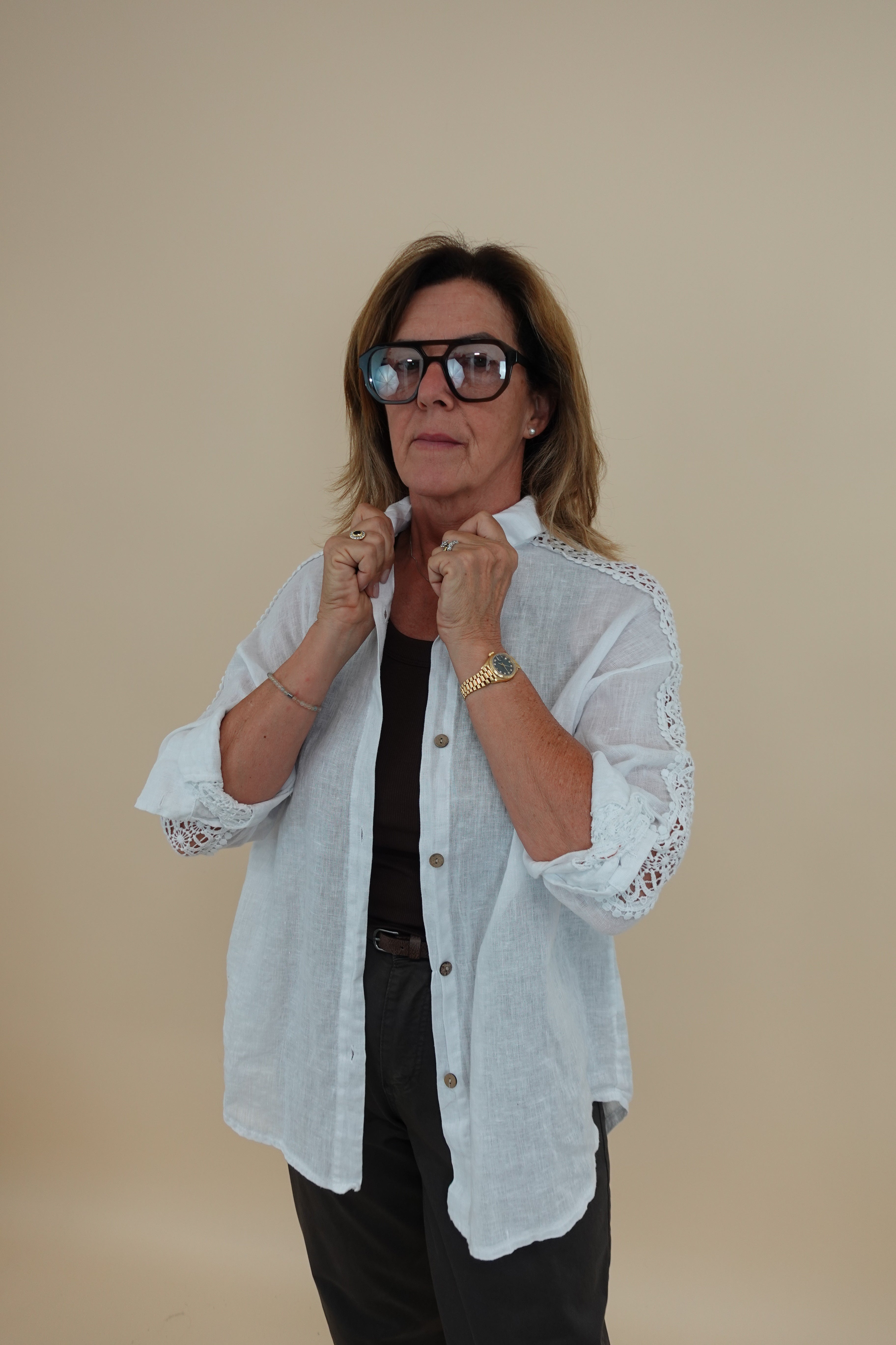Camicia Ricamo Lino Bianco