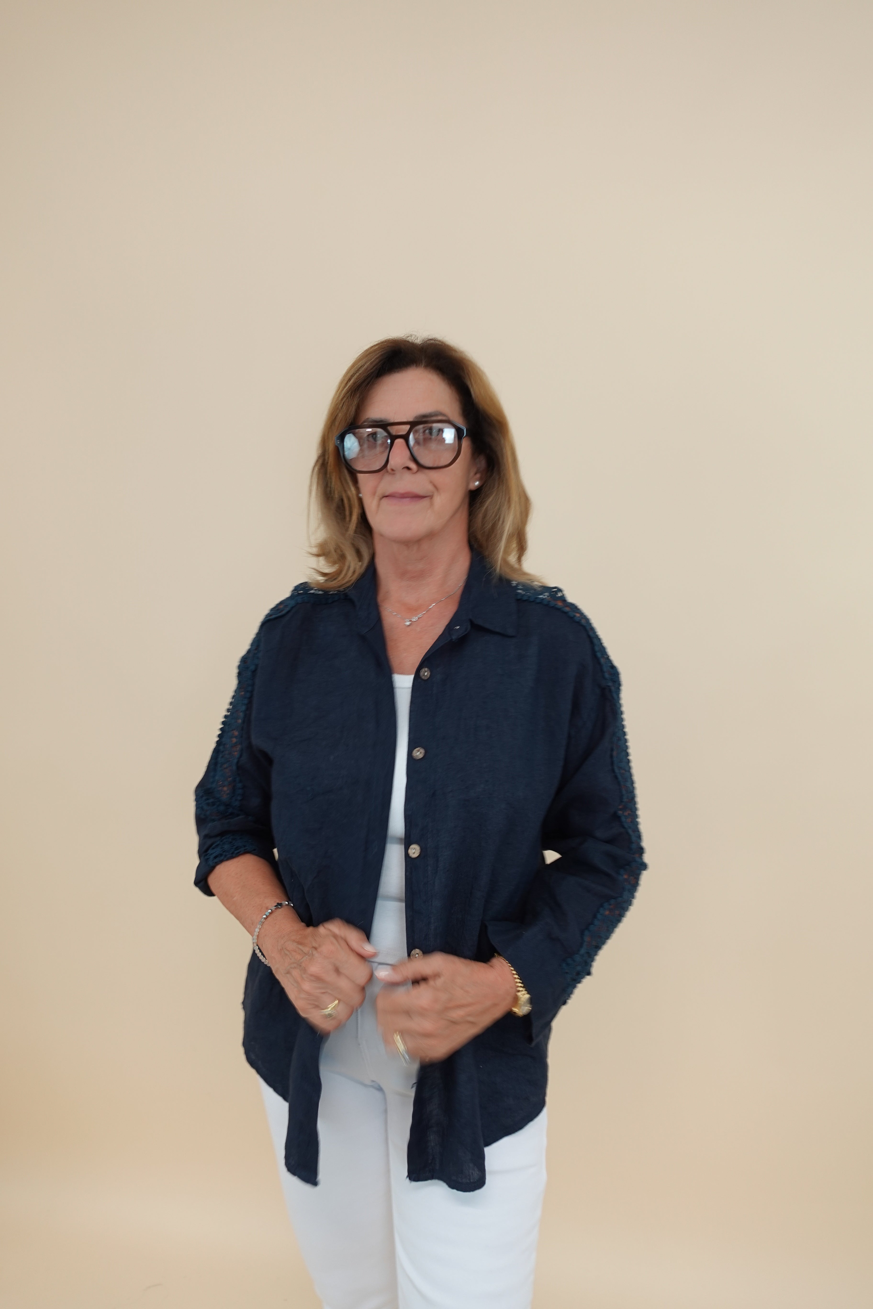 Camicia Ricamo Lino Blu