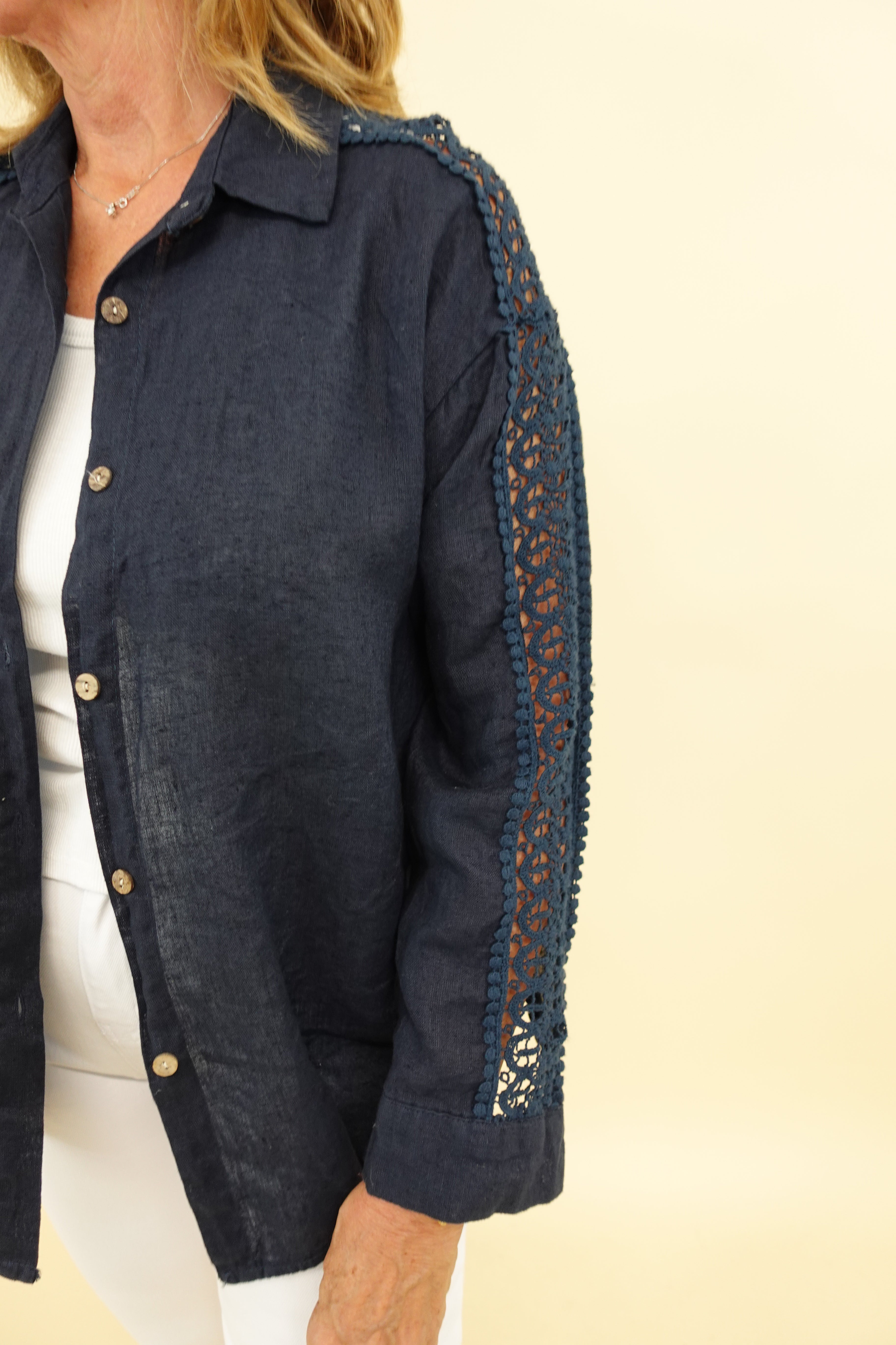 Camicia Ricamo Lino Blu