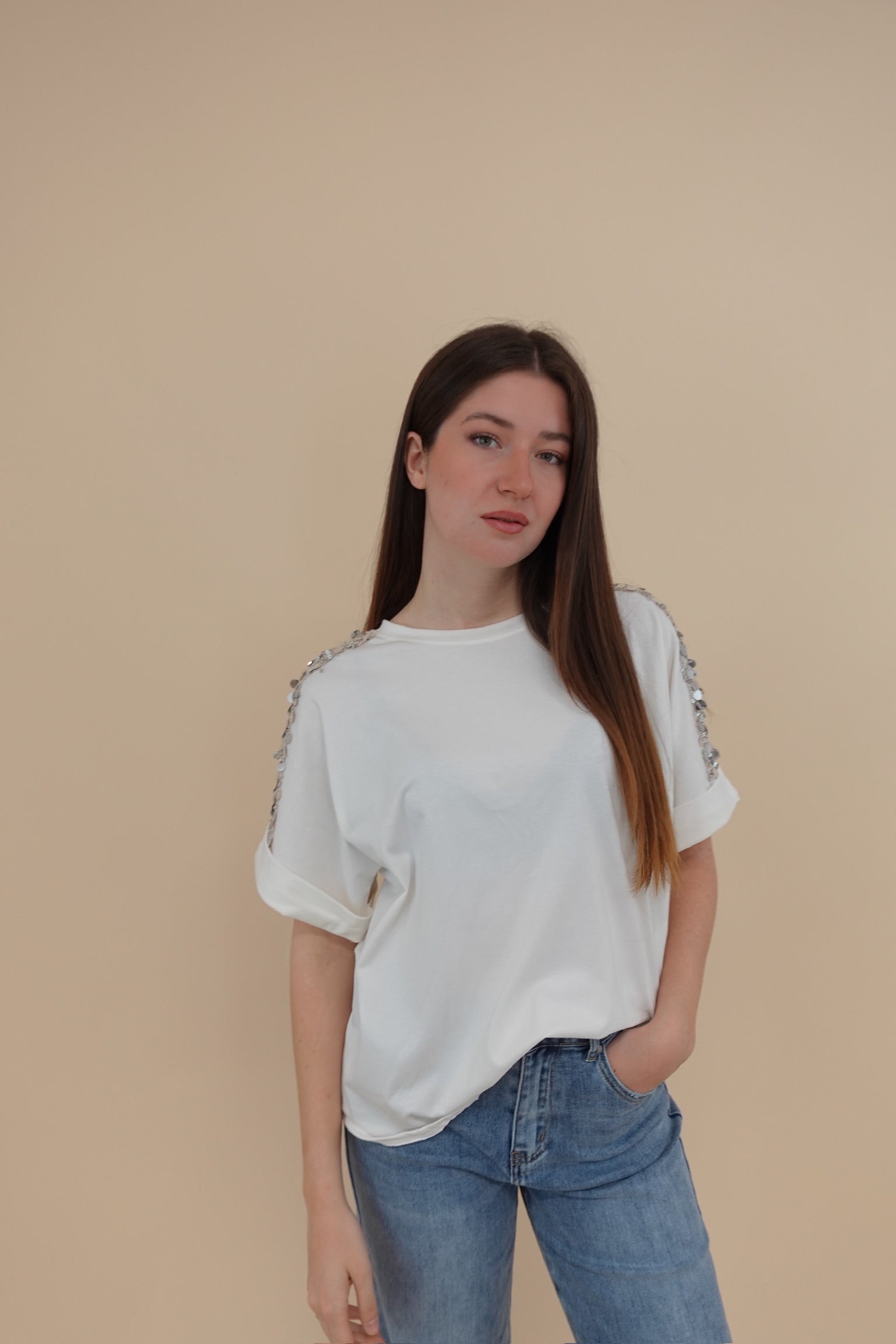 T-shirt Paiettes Bianco