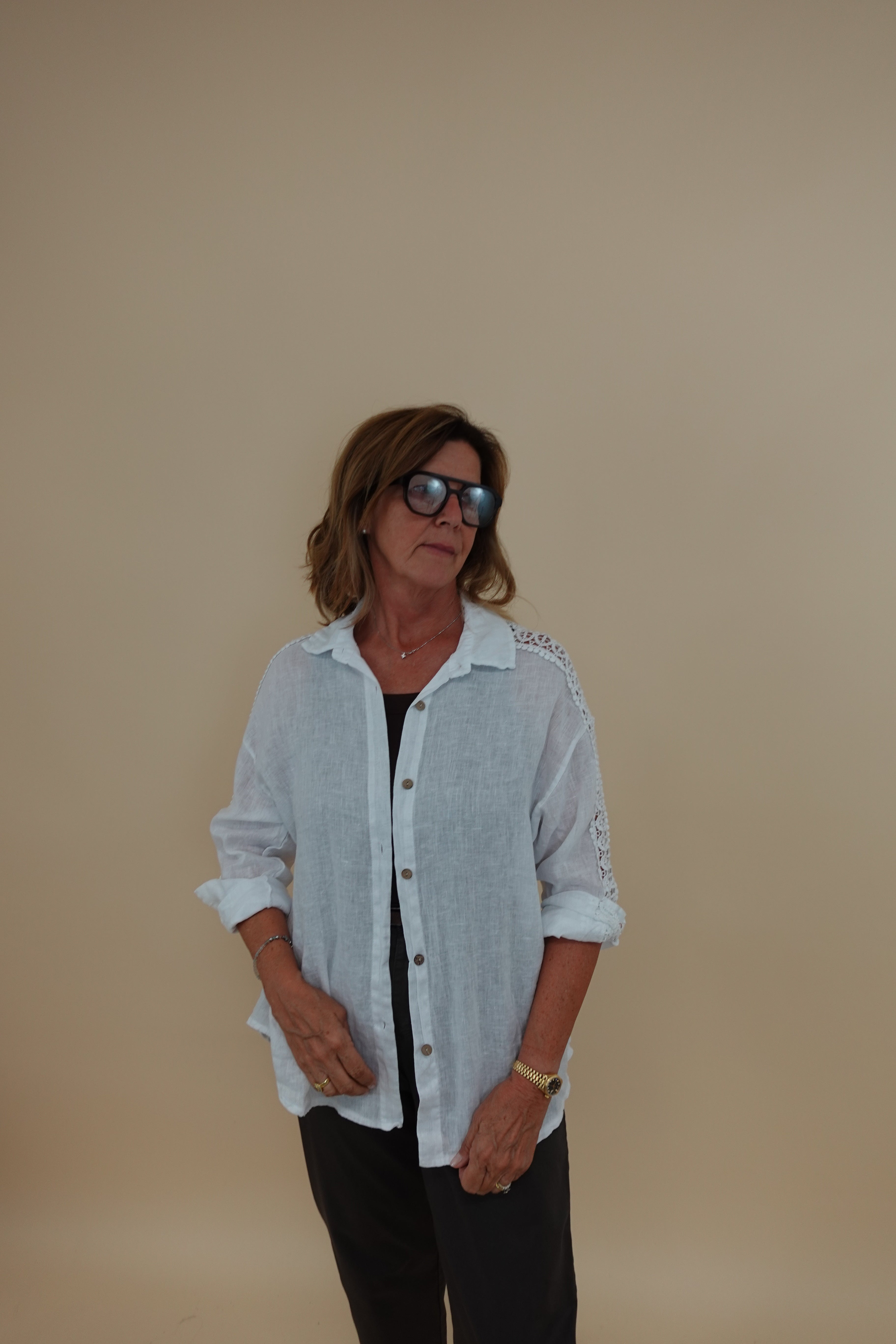 Camicia Ricamo Lino Bianco