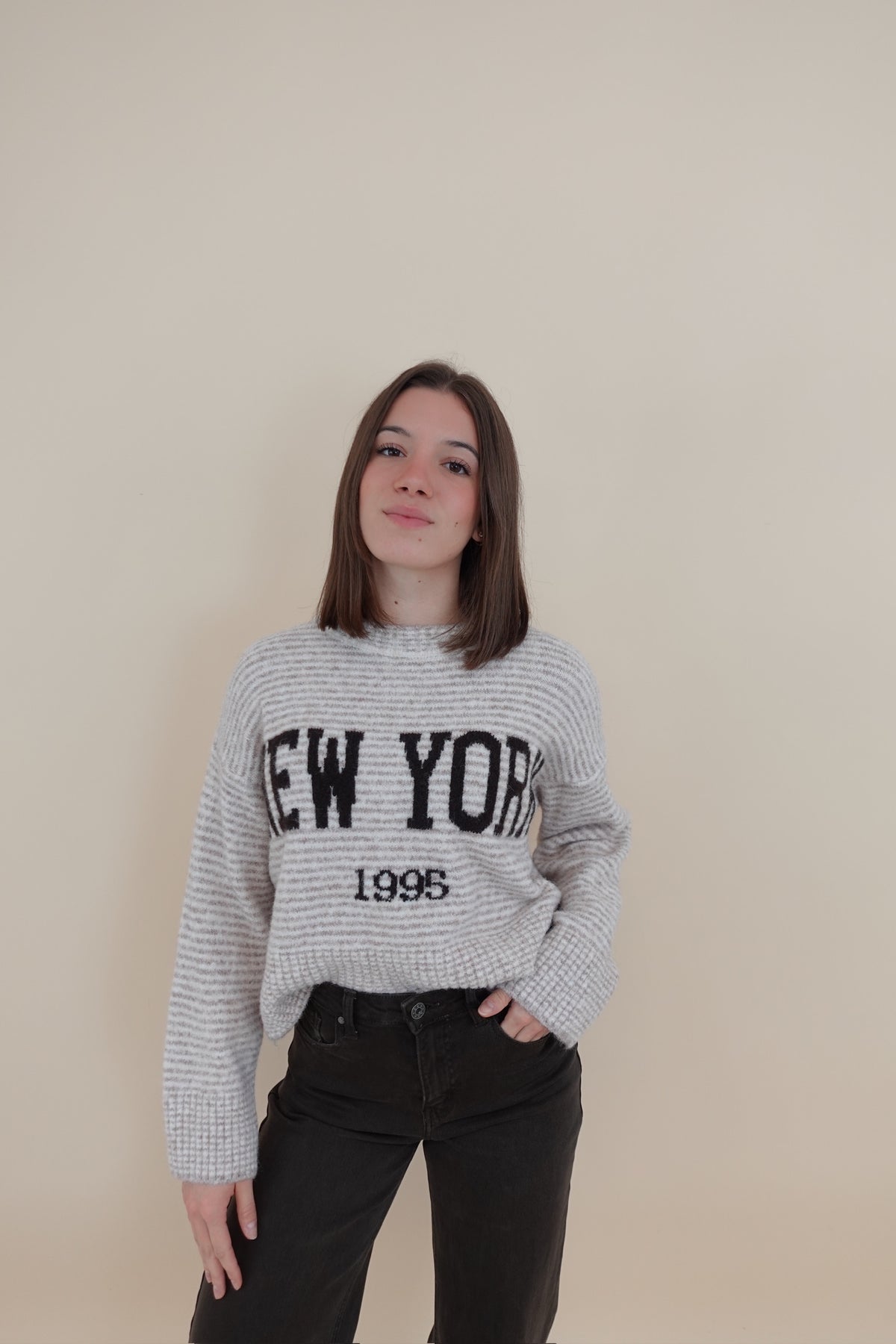 Maglione NY beige&nero