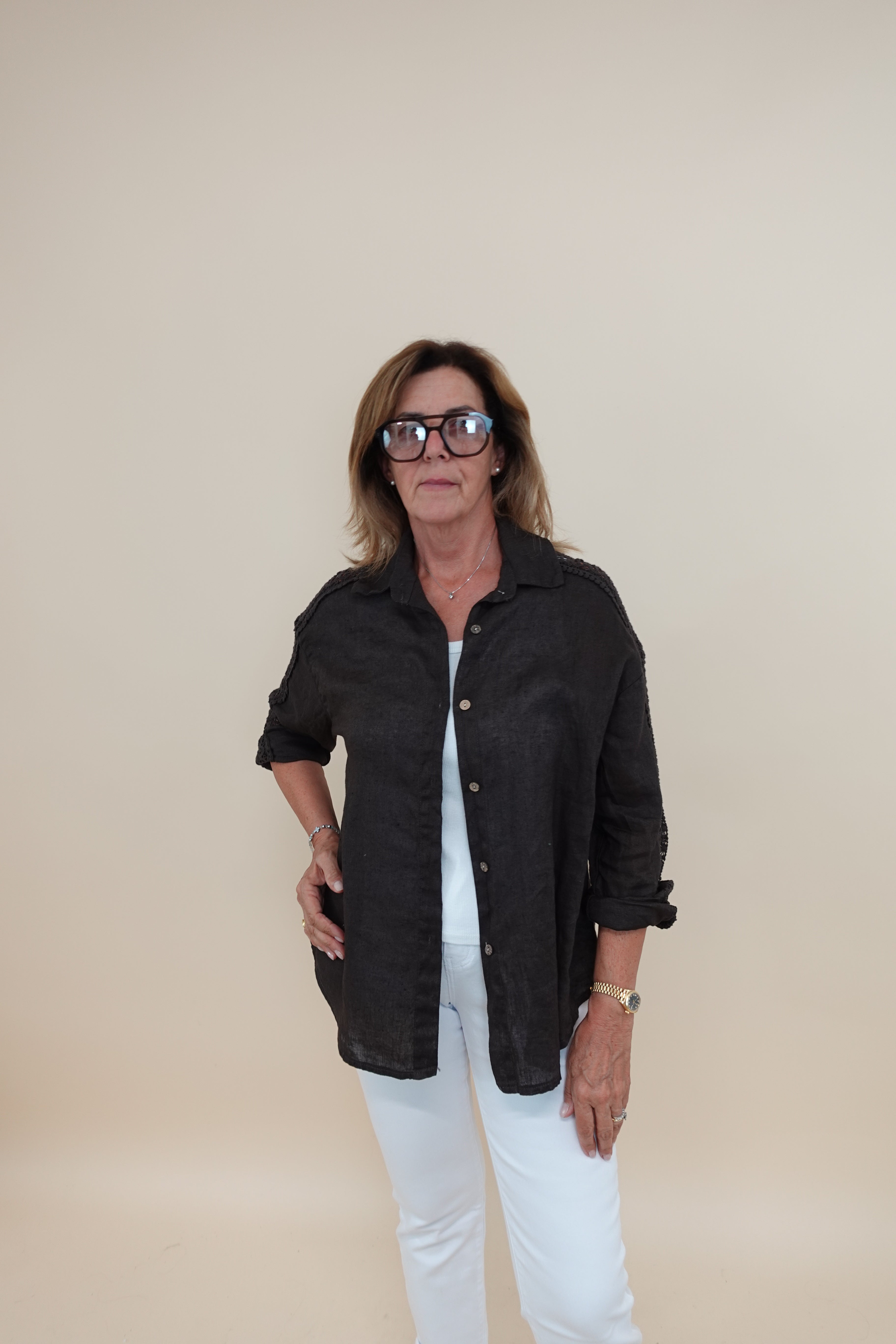 Camicia Ricamo Lino Marrone
