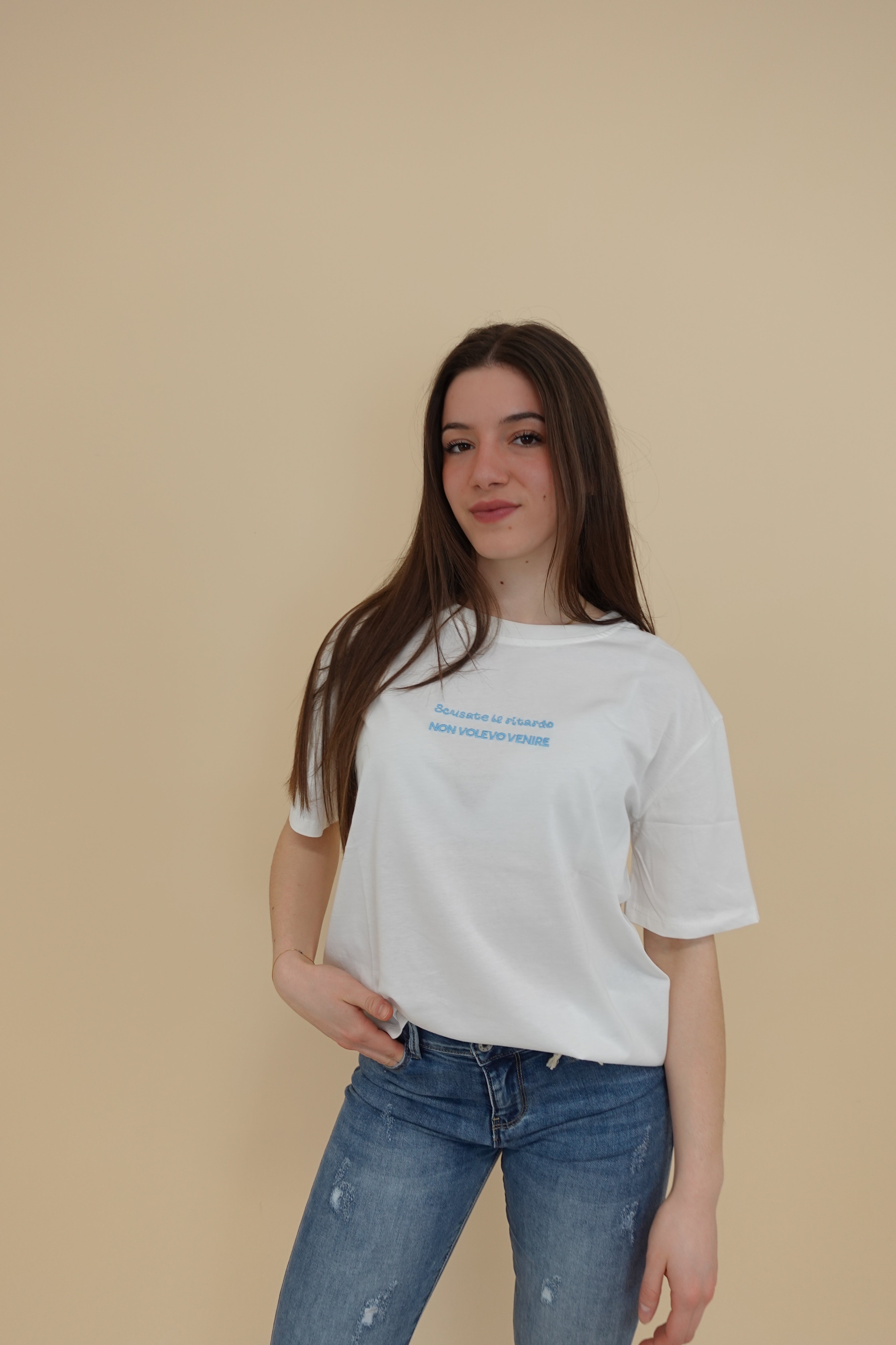 T-shirt "non volevo venire" azzurra