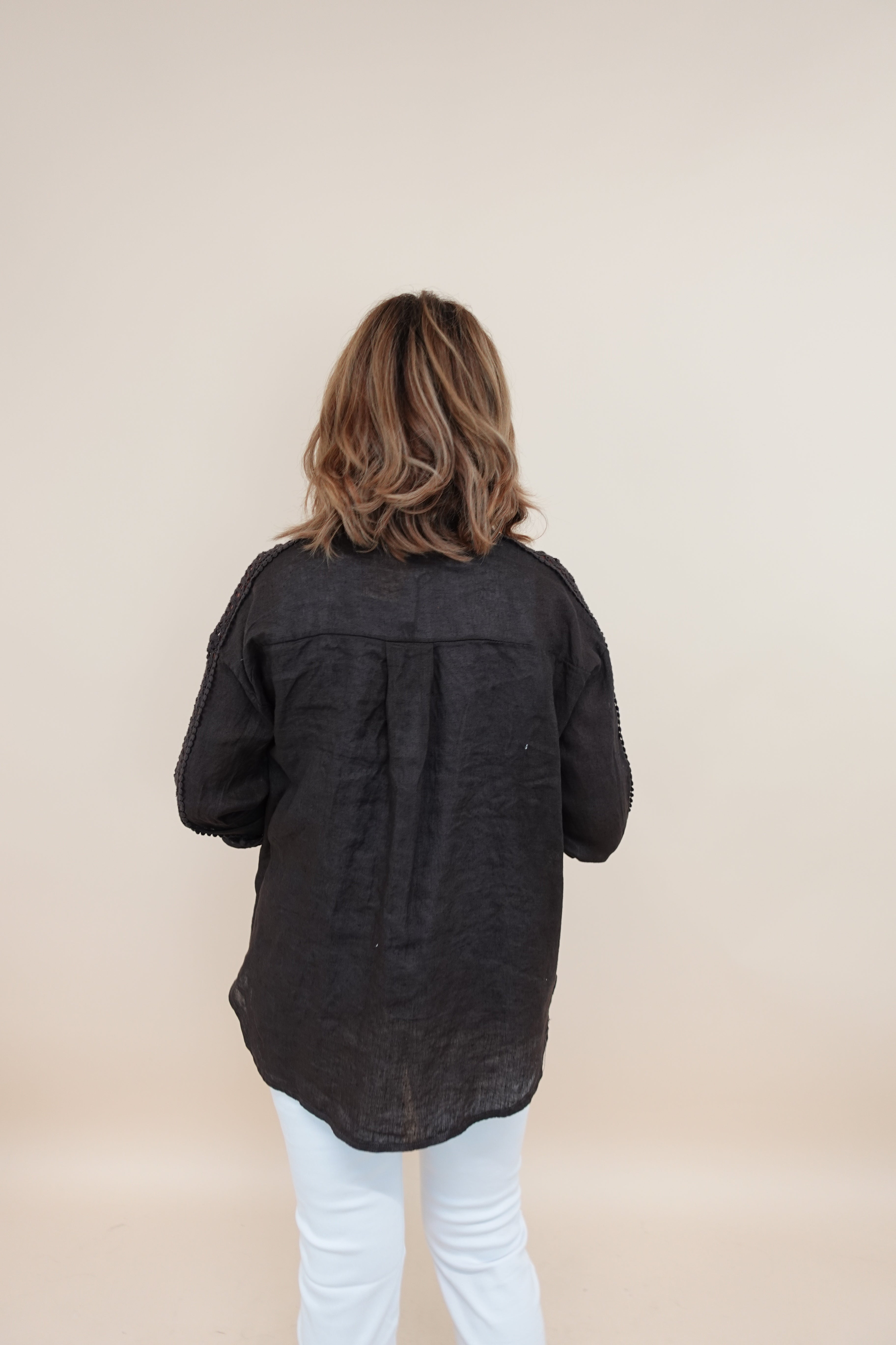 Camicia Ricamo Lino Marrone
