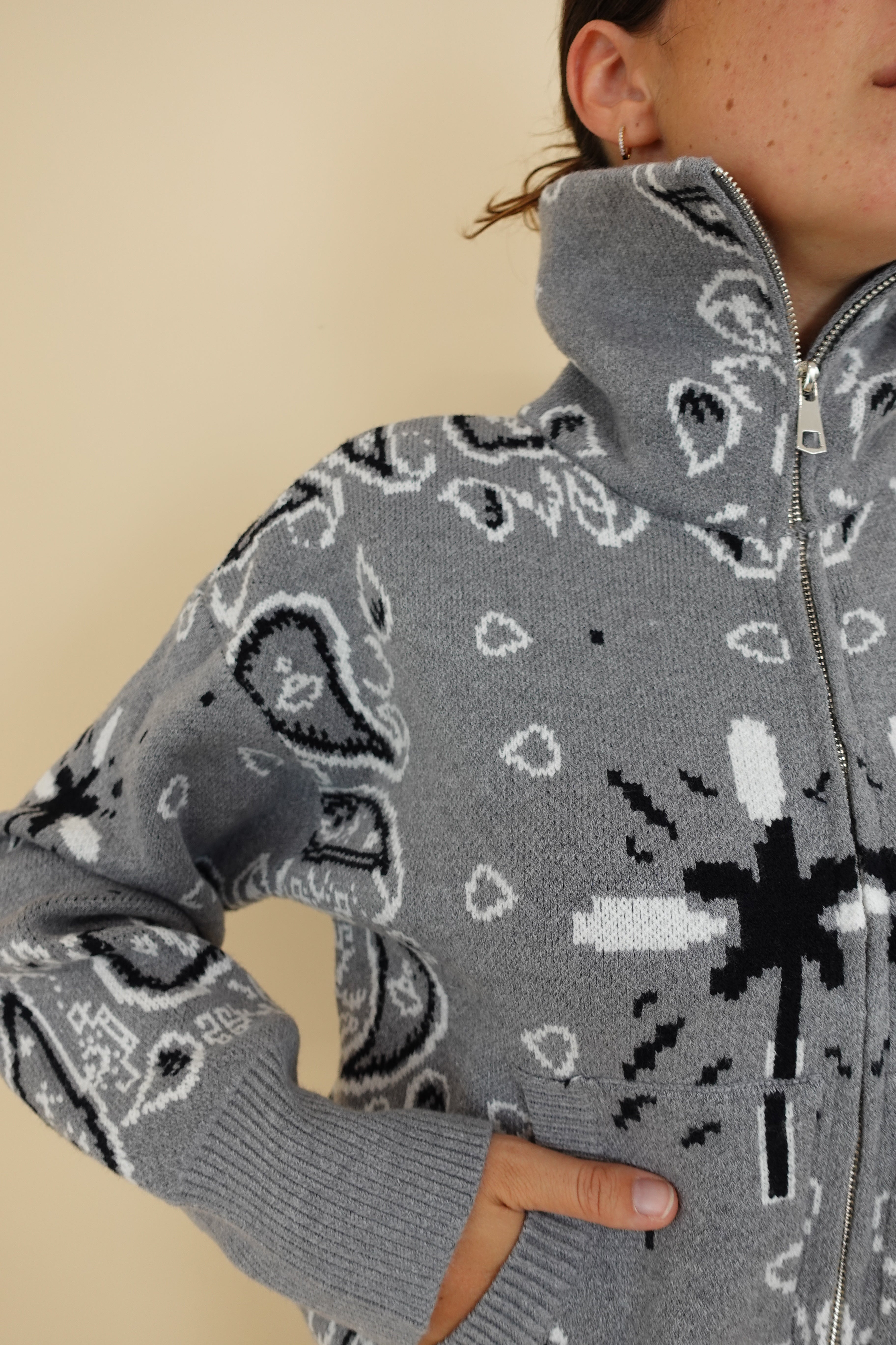 Cardigan Bandana Zip Grigio