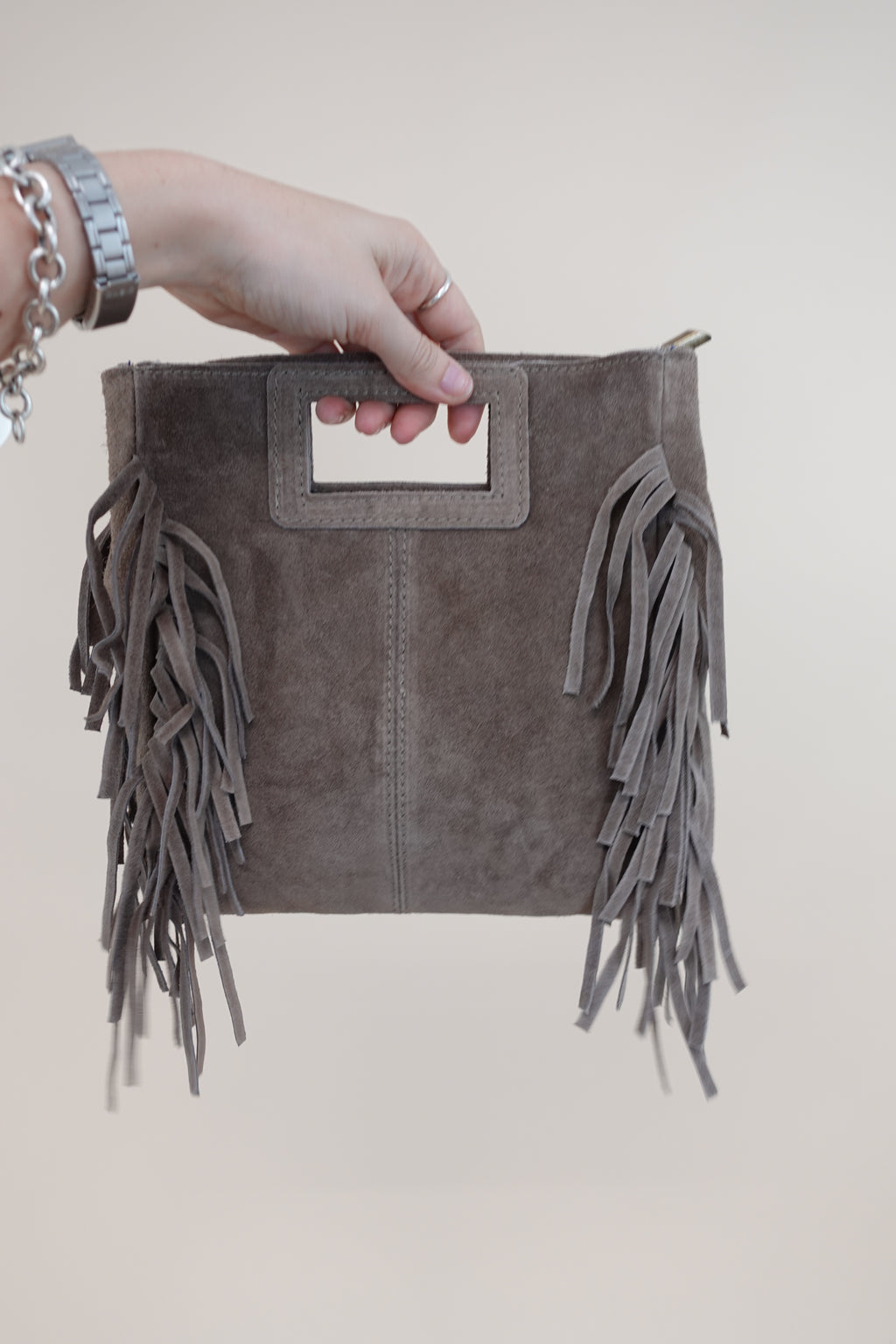 Borsa Frange Pelle Fango