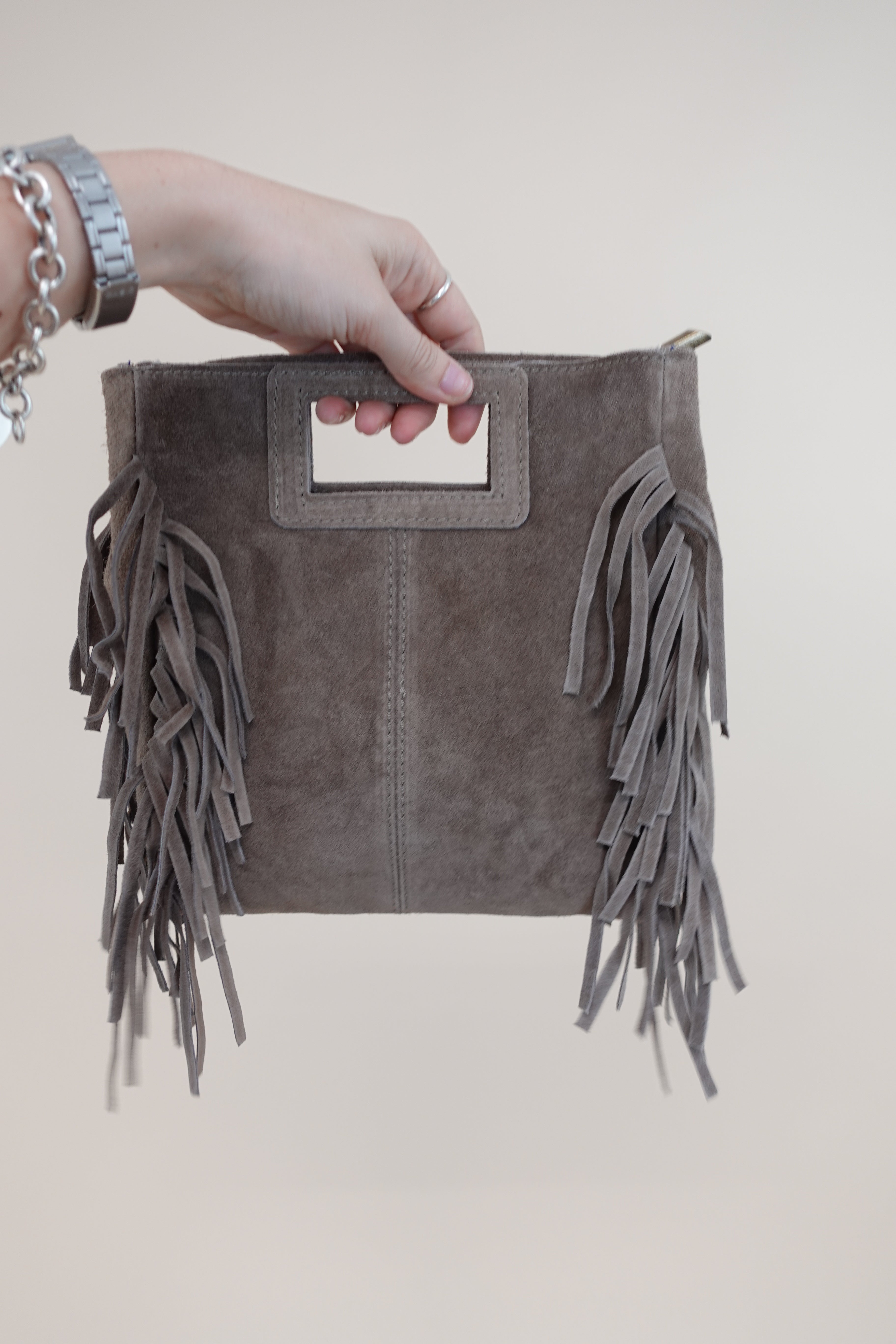 Borsa Frange Pelle Fango
