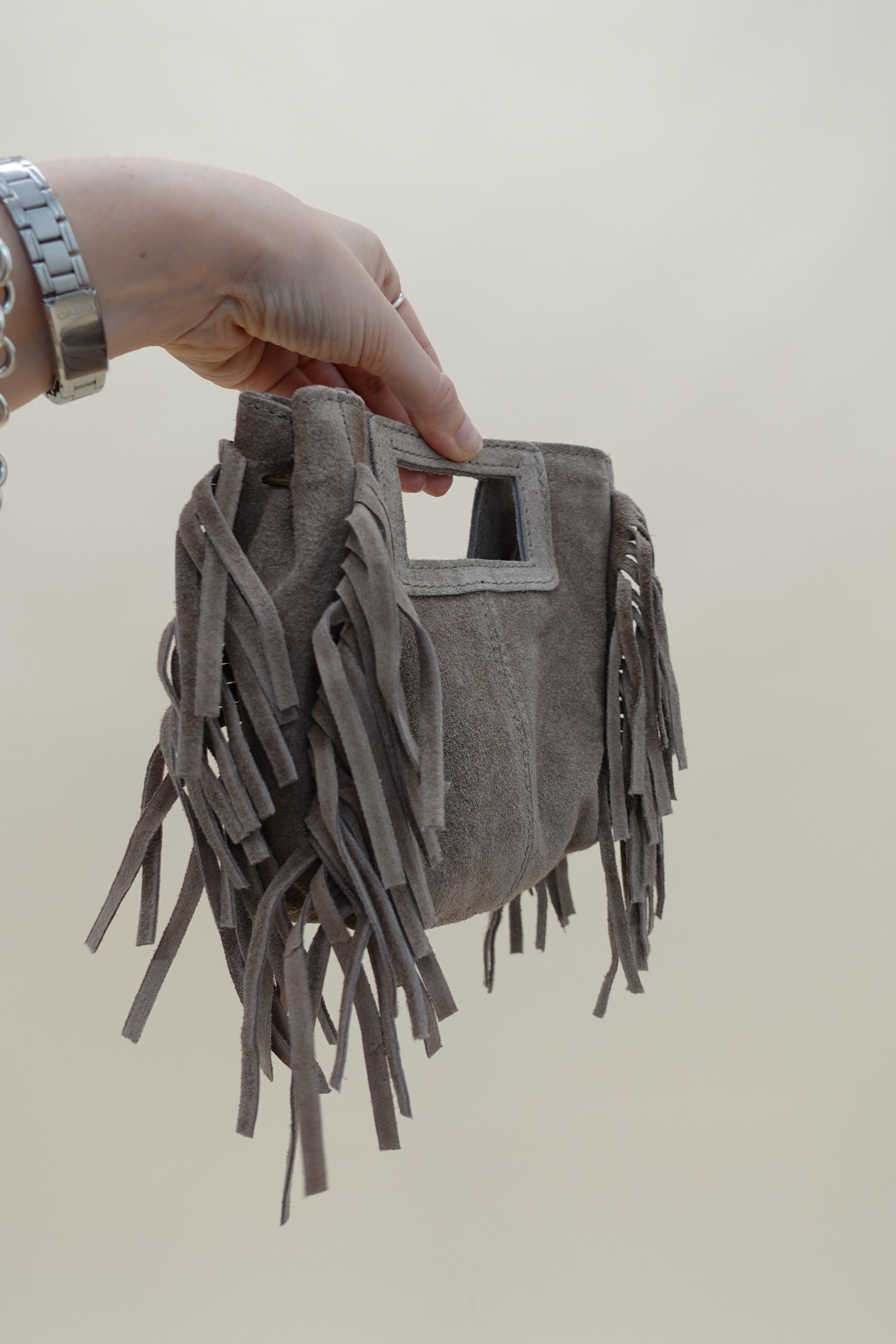 Borsa Frange Mini Pelle Fango