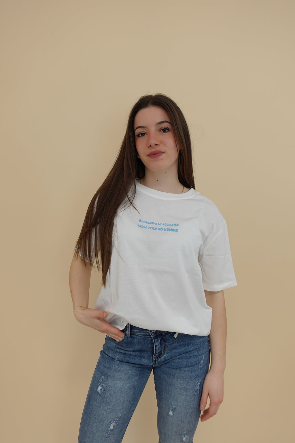 T-shirt "non volevo venire" azzurra