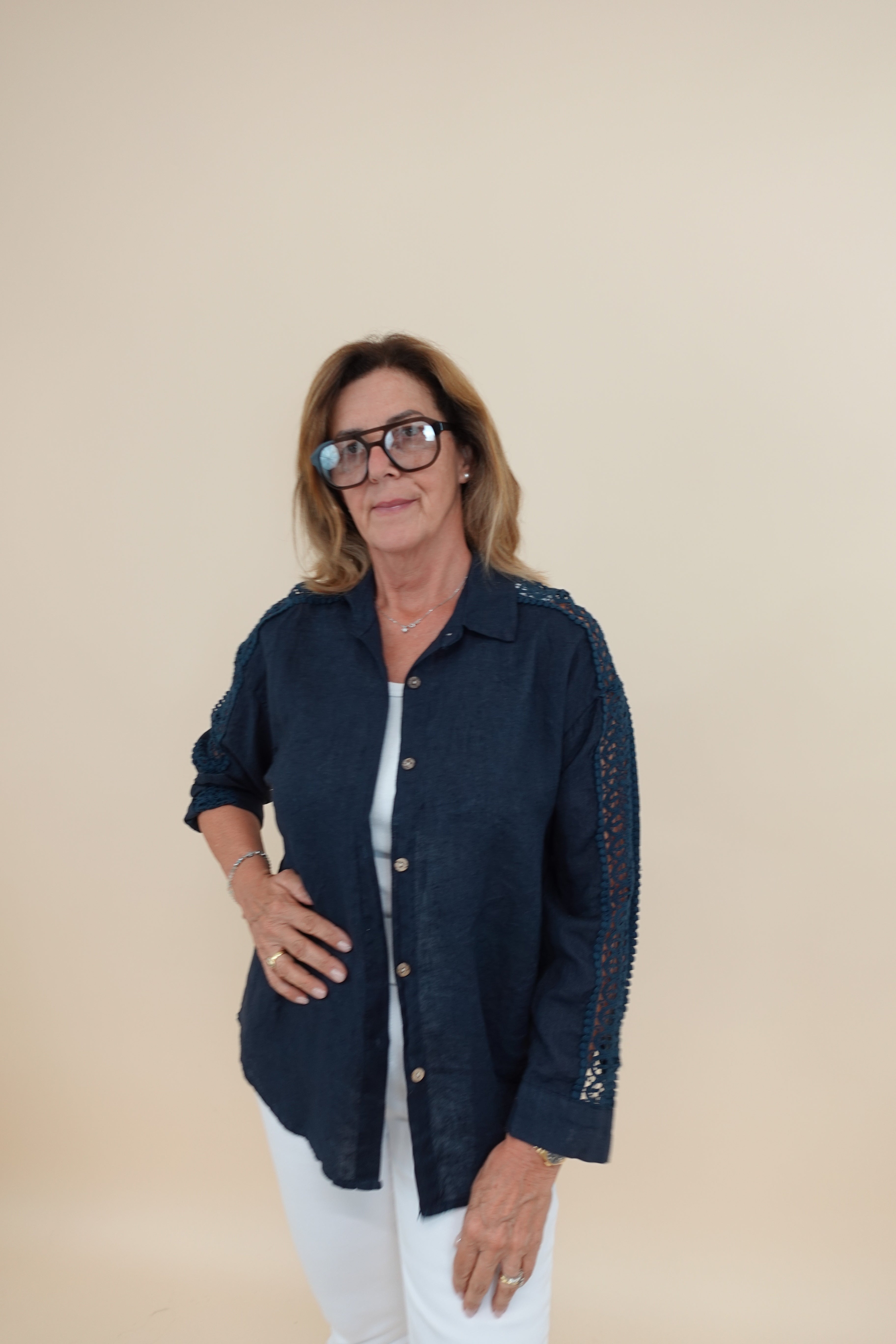 Camicia Ricamo Lino Blu