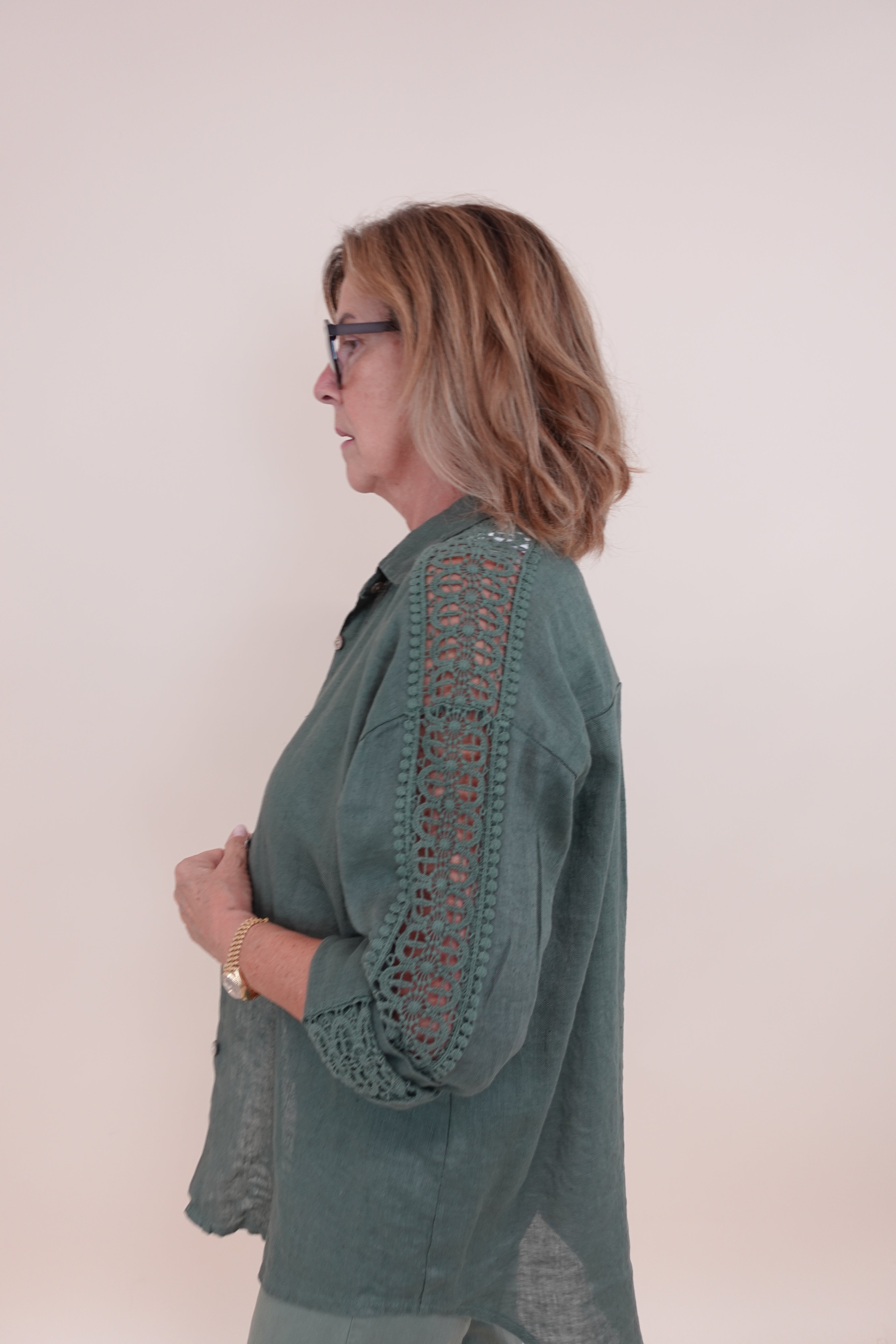Camicia Ricamo Lino Verde