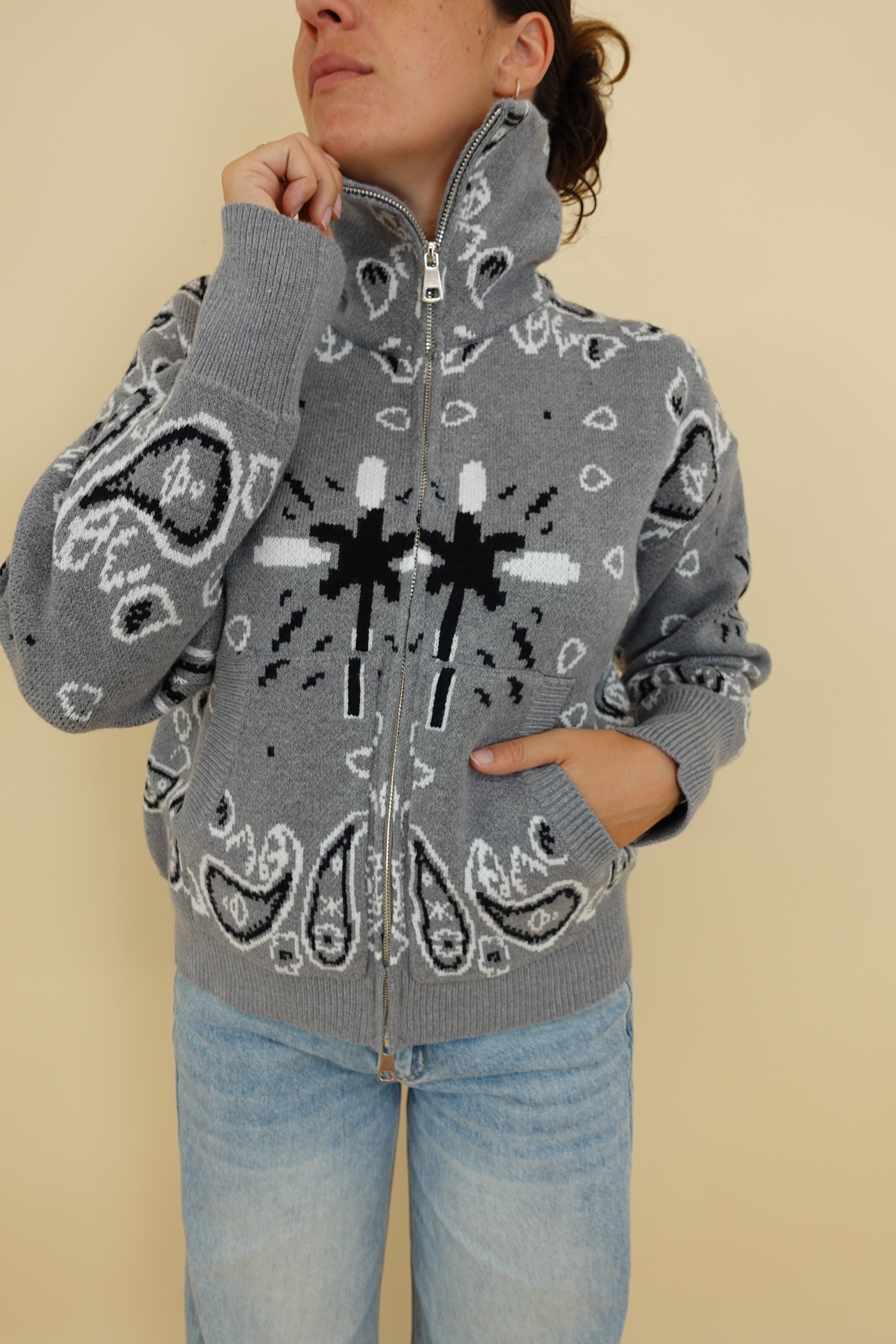 Cardigan Bandana Zip Grigio