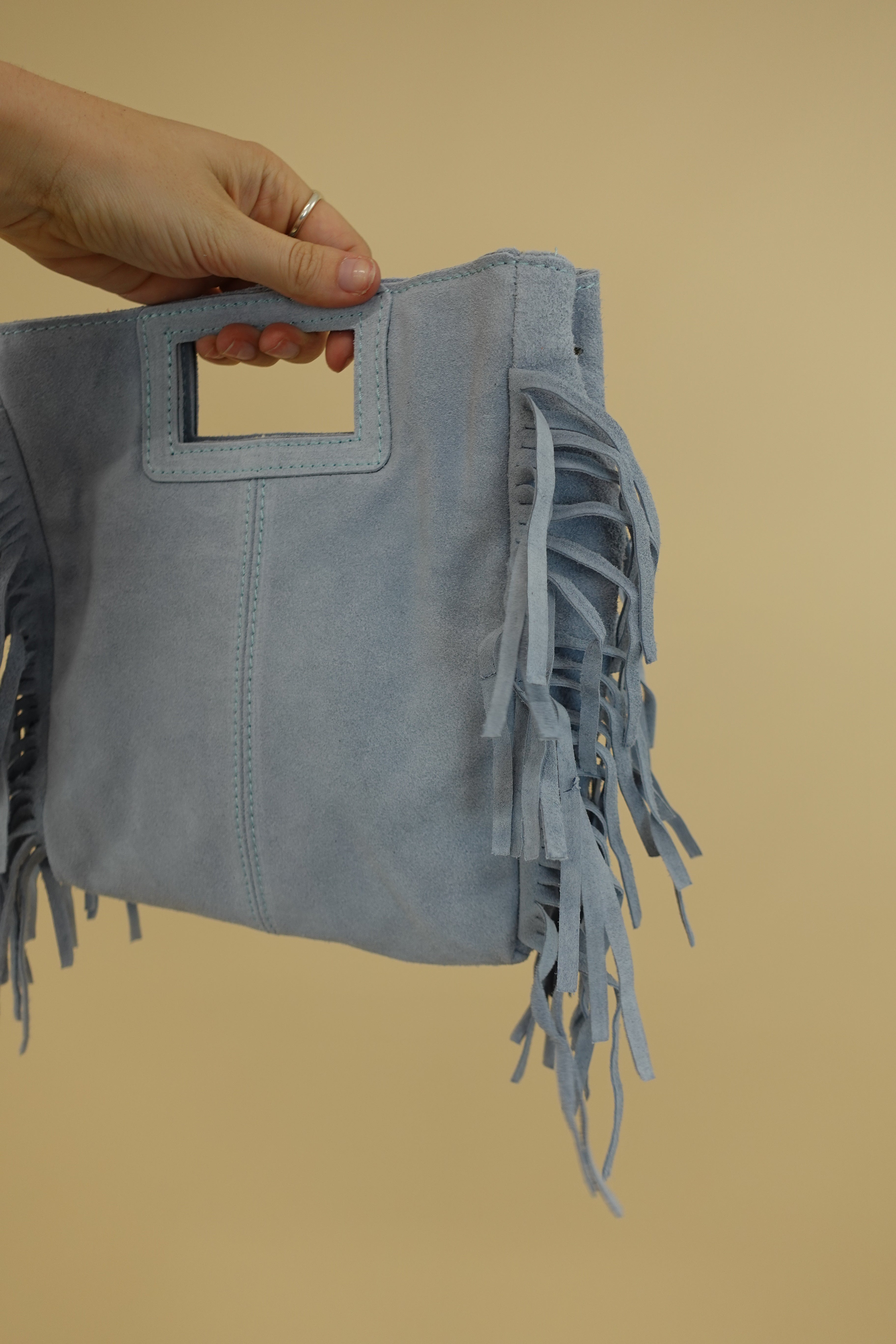 Borsa Frange Pelle Azzurra