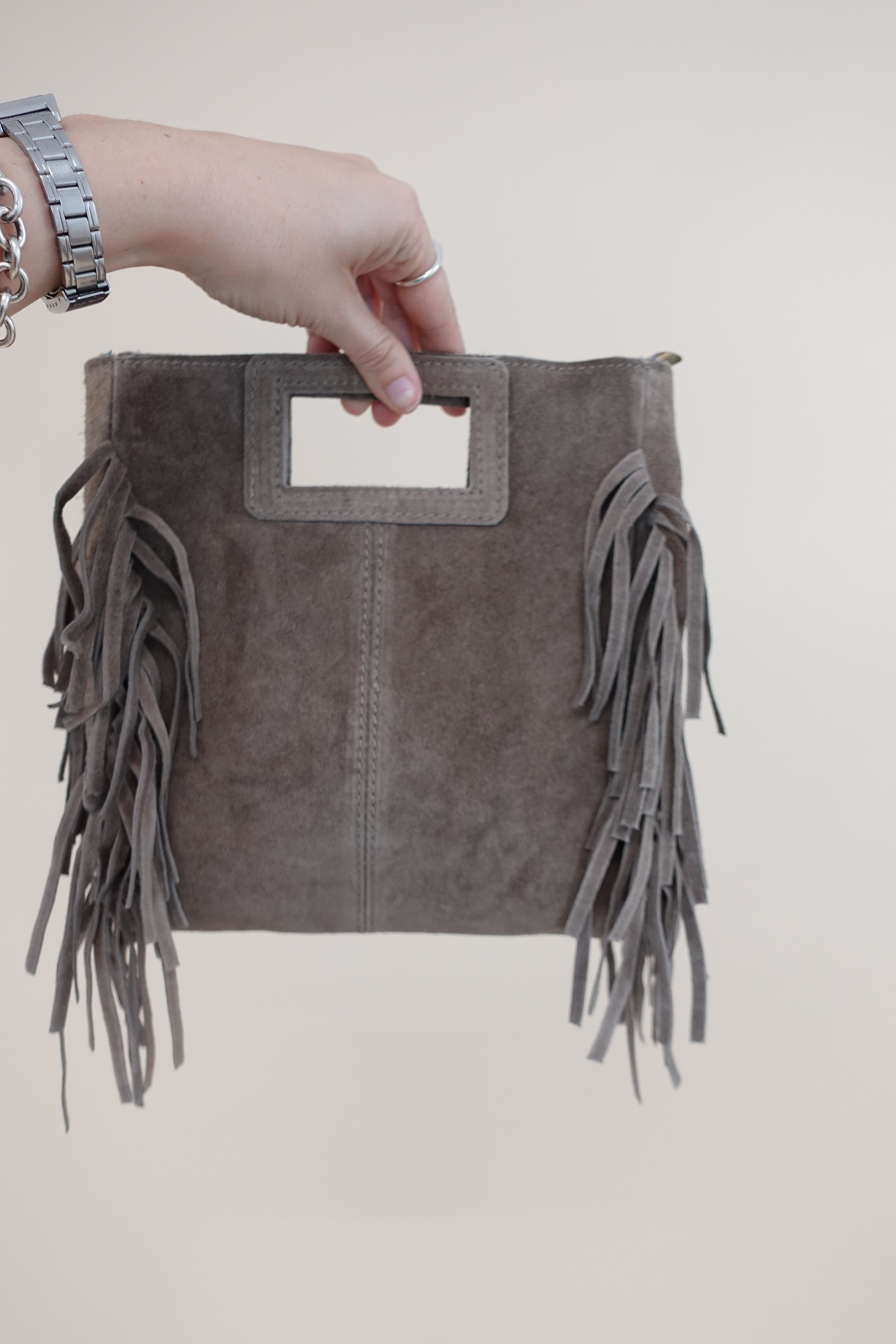 Borsa Frange Pelle Fango