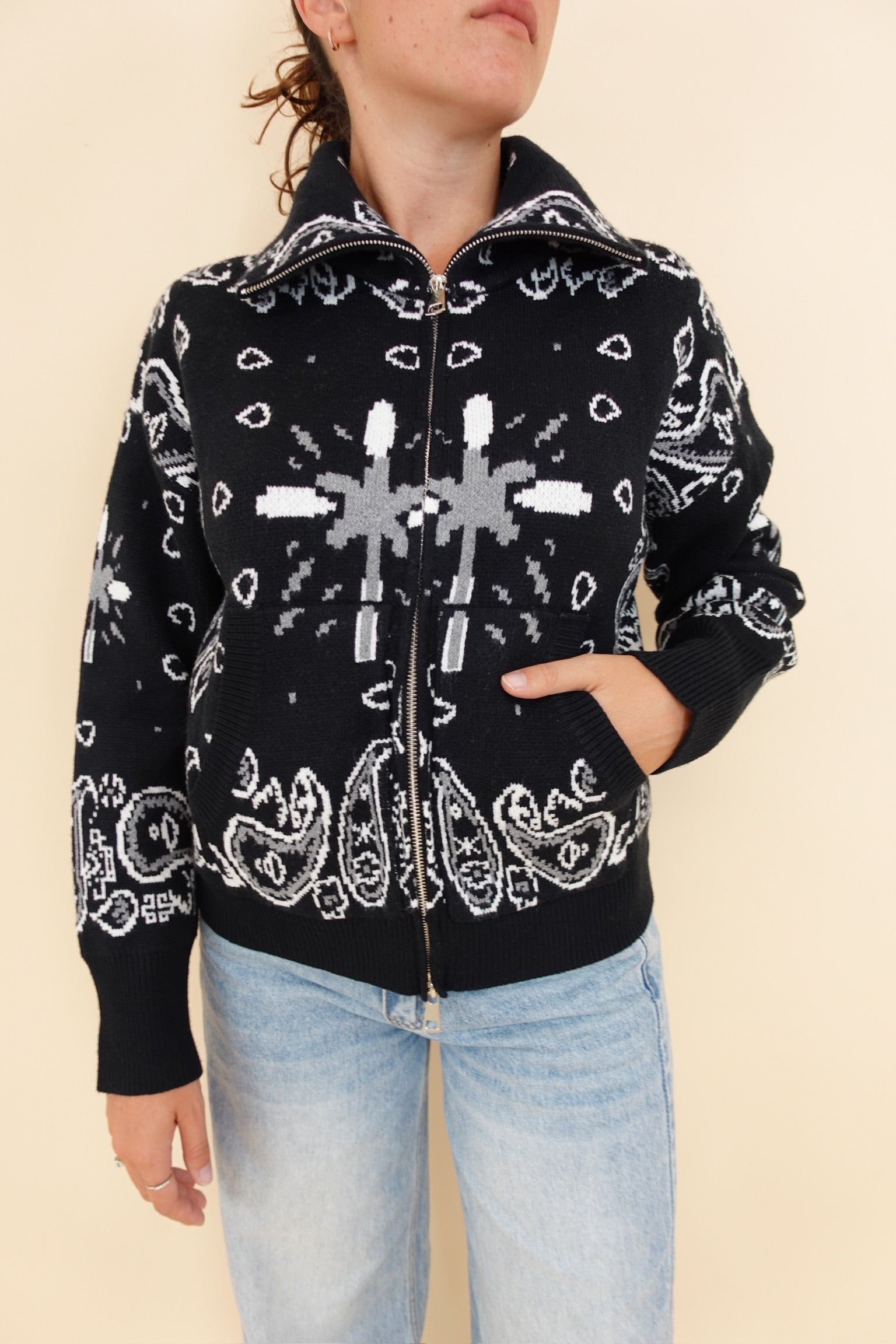 Cardigan Bandana Zip Nero