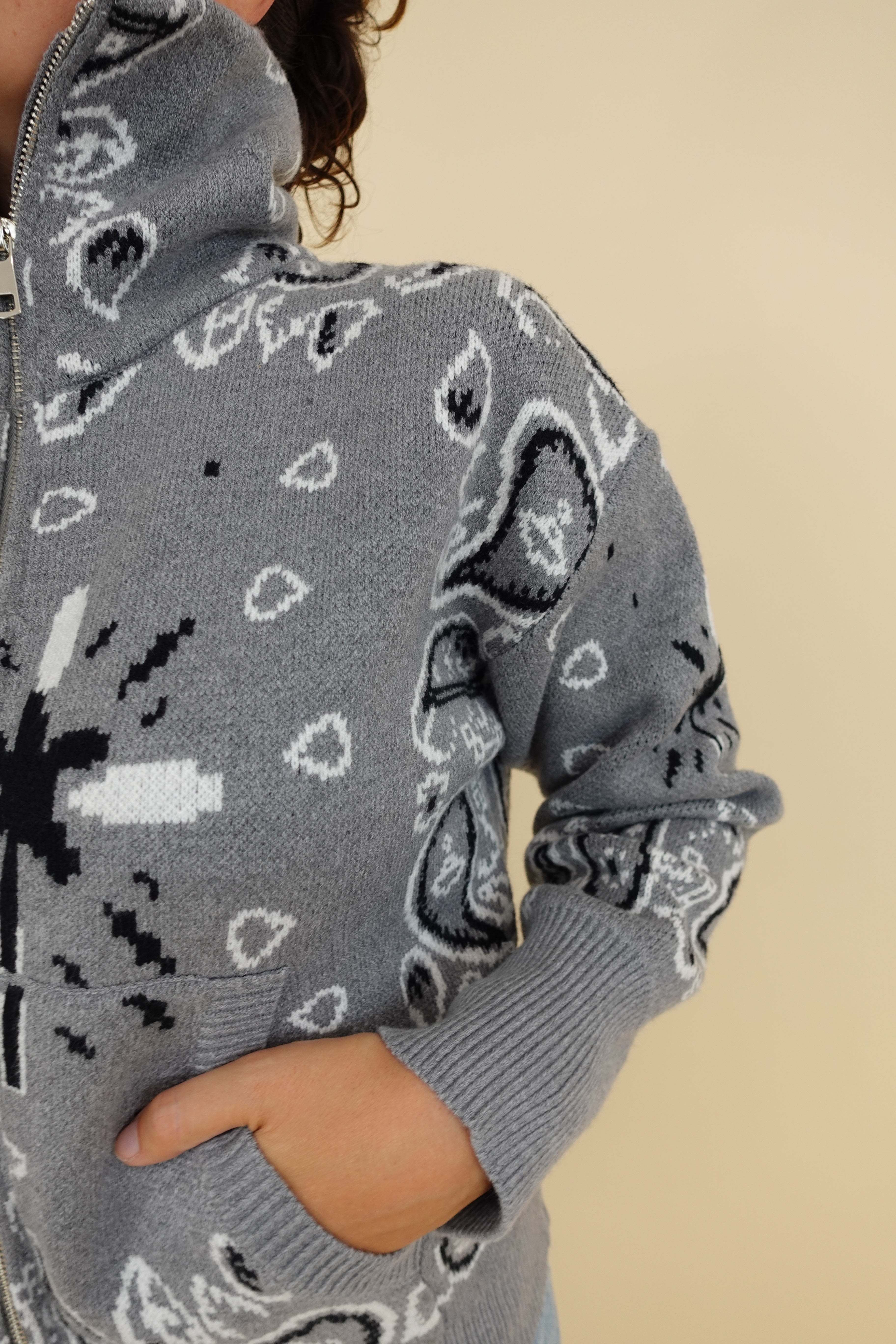 Cardigan Bandana Zip Grigio