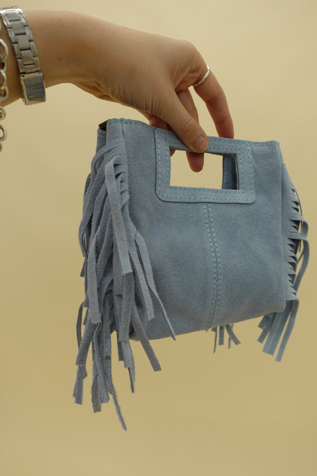 Borsa Frange Mini Pelle Azzurra
