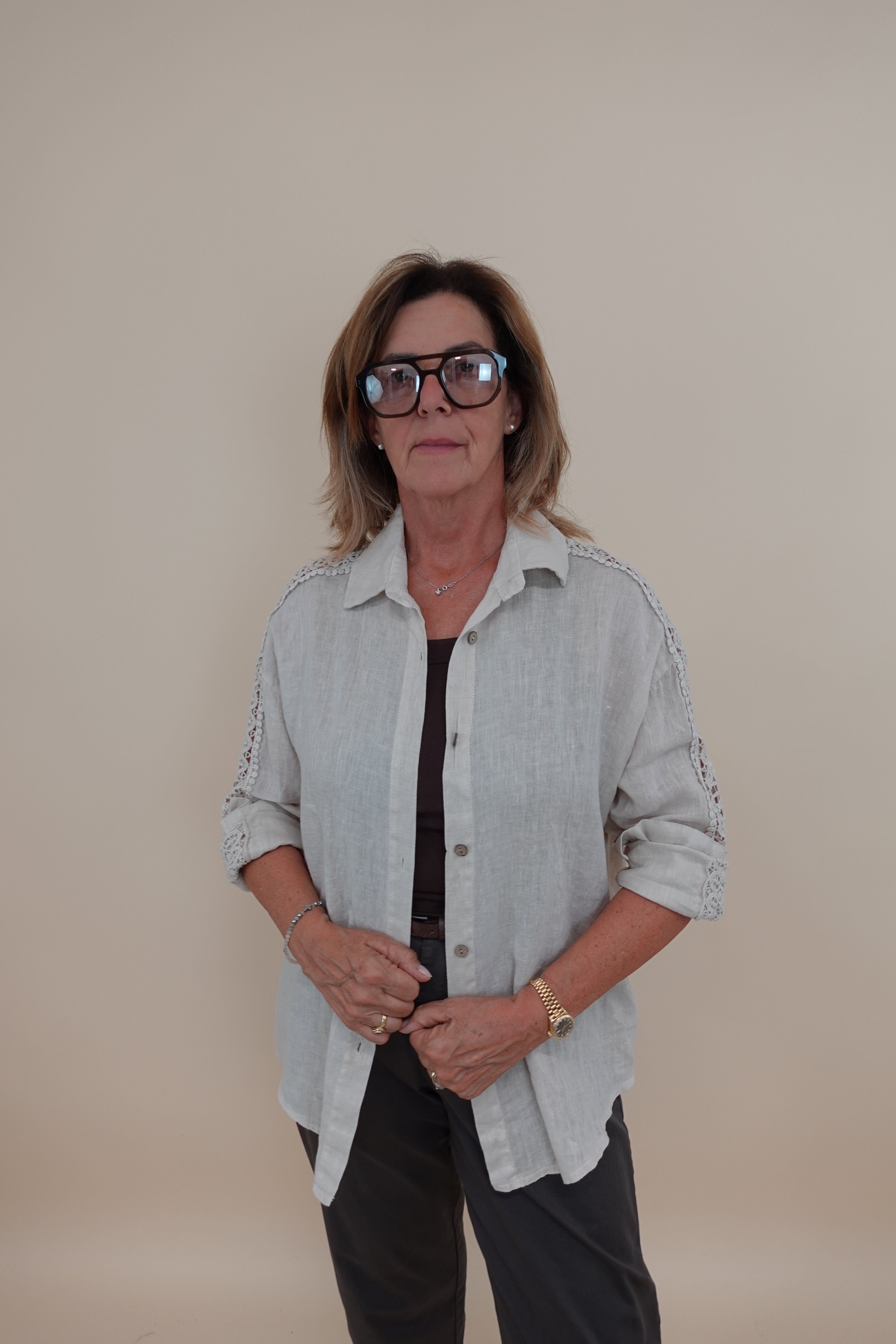 Camicia Ricamo Lino Beige